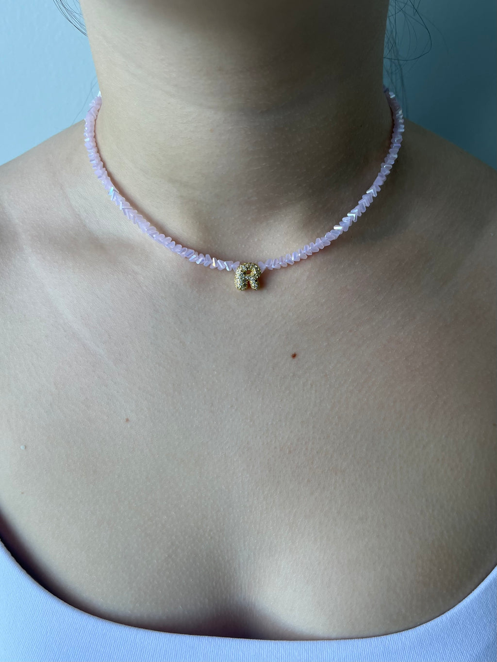 Initial Charm Pink Crystal Necklace – 18K Gold Plated, Cubic Zirconia