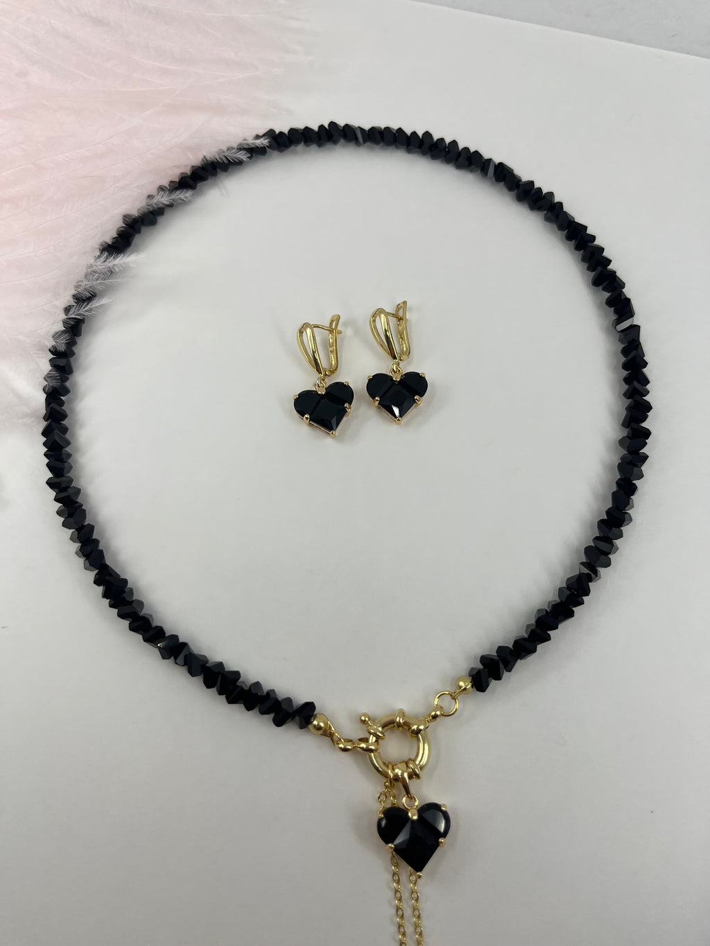 Set: Heart Black Crystal Y-Necklace and Earrings – 18K Gold Plated, Cubic Zirconia