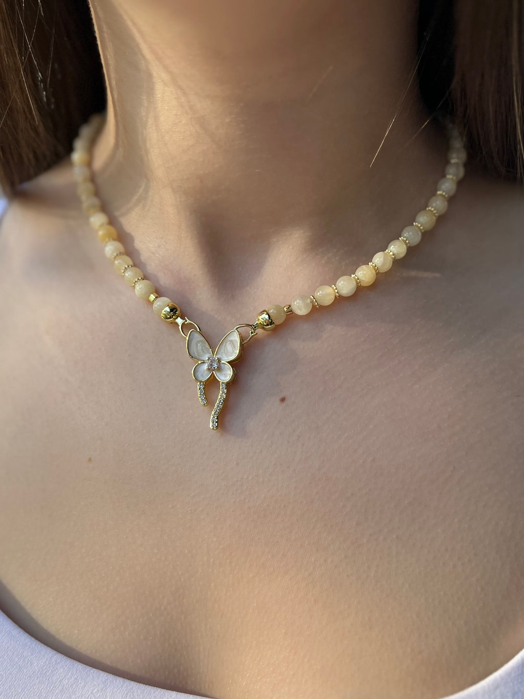 Topaz Jade Choker Necklace : 18K Gold Plated Zirconia Butterfly Clasp