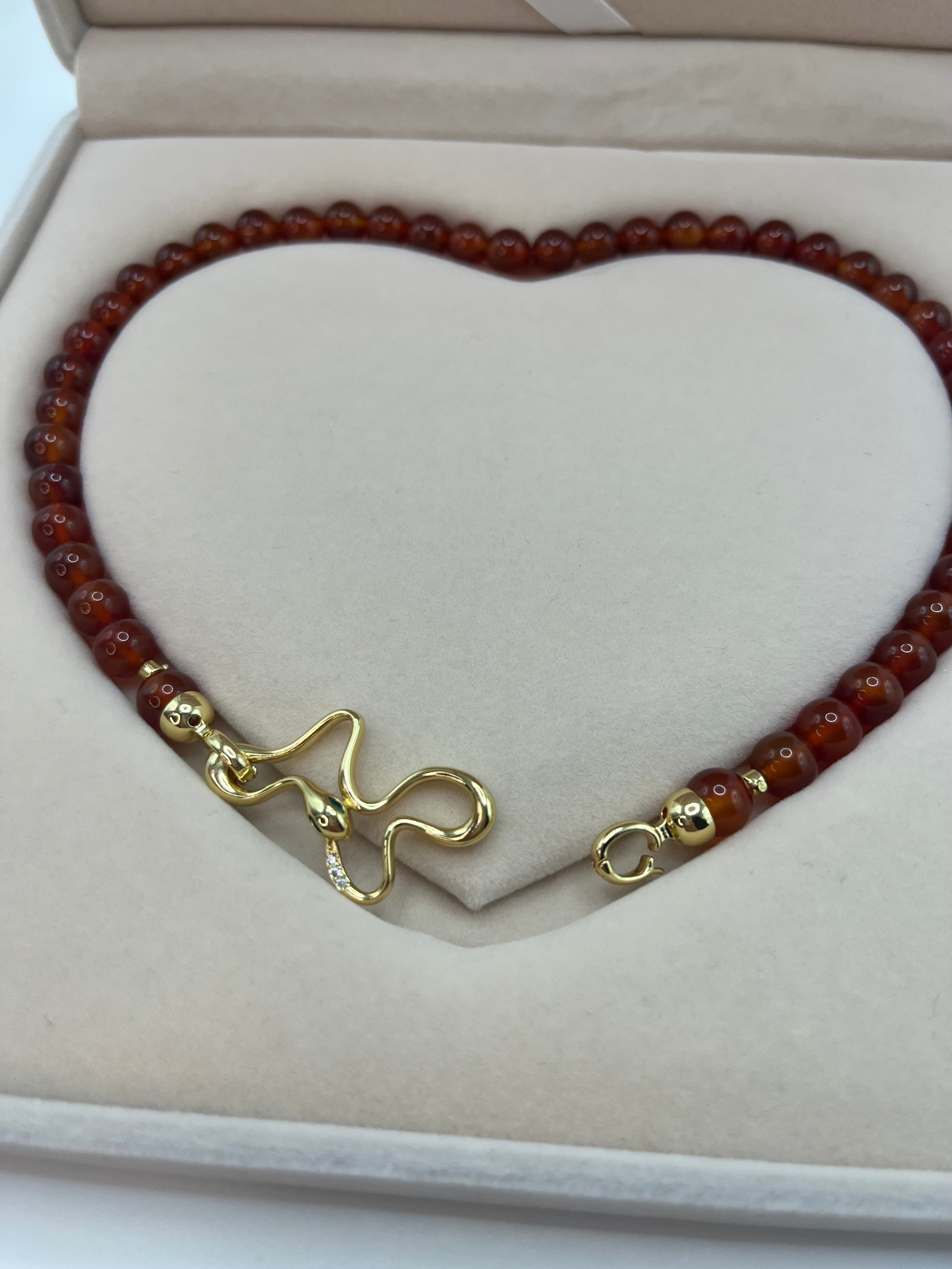 Natural Carnelian Necklace with 18K Gold Snake Clasp