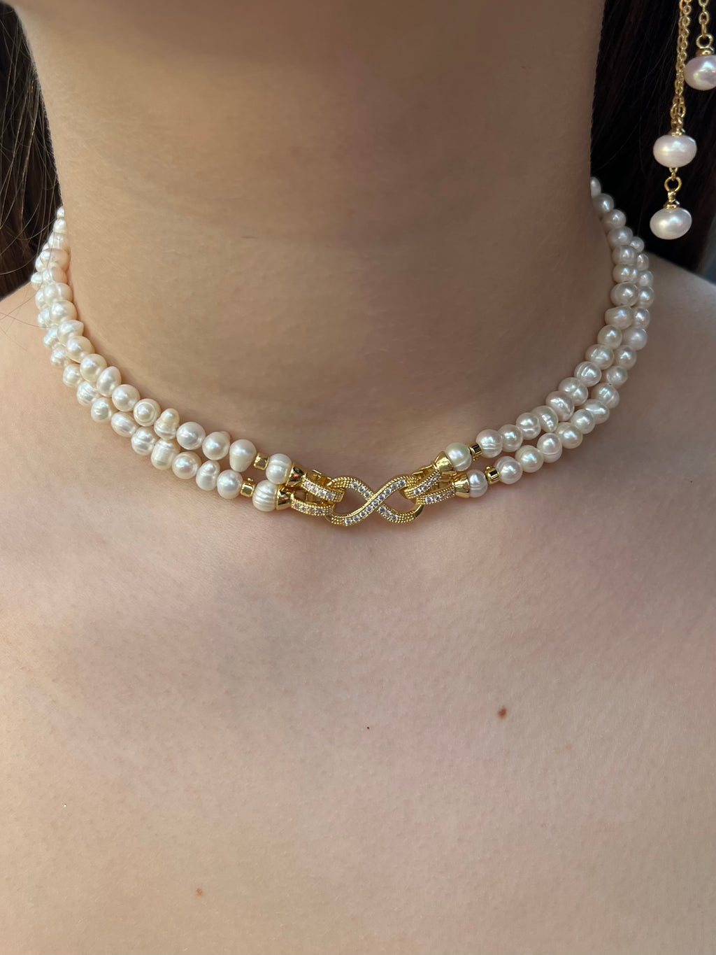 Pearl Choker Necklace : 18K Gold Plated Zirconia Clasp