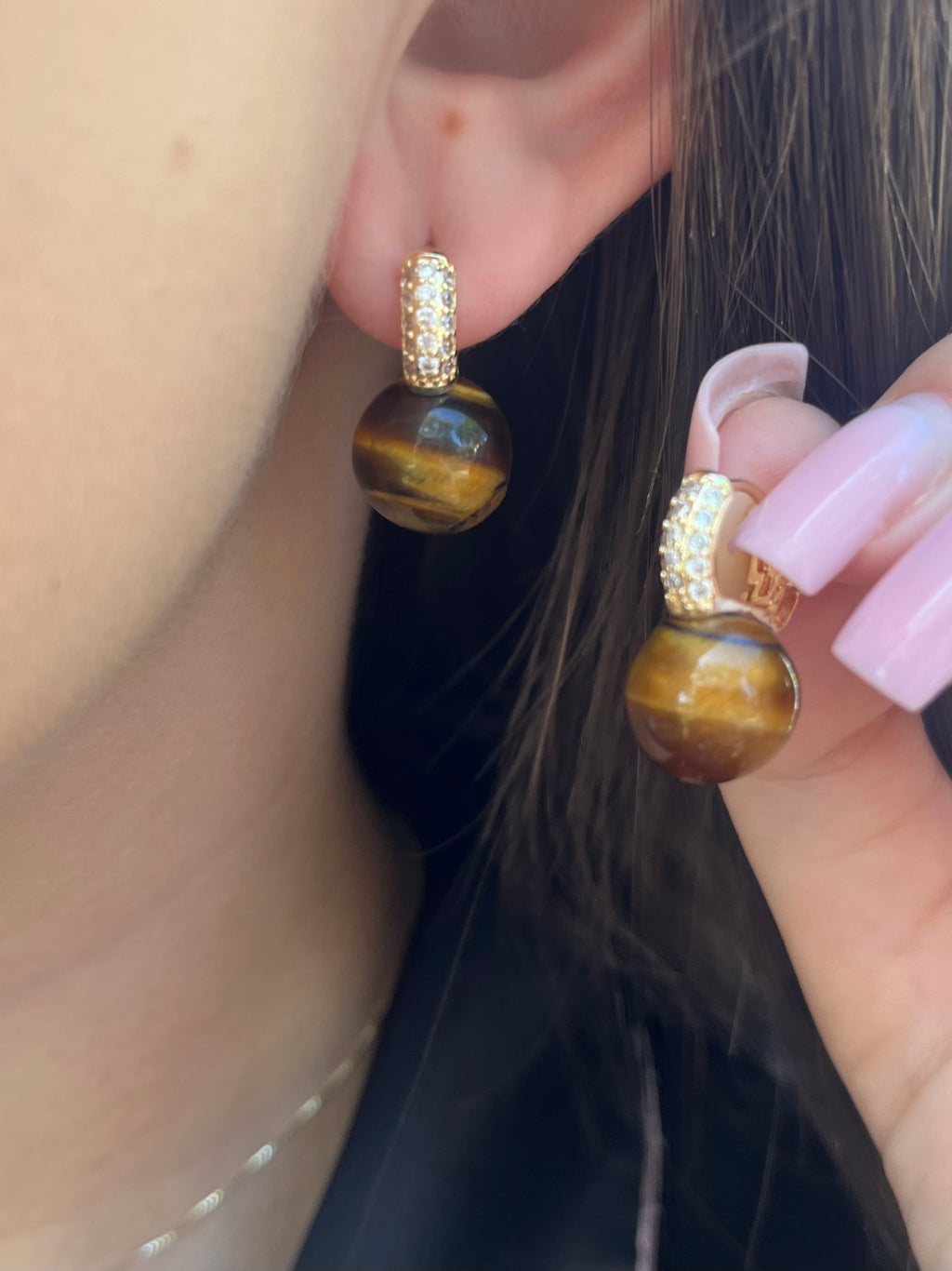Natural Tiger eye Gold Zirconia Earrings