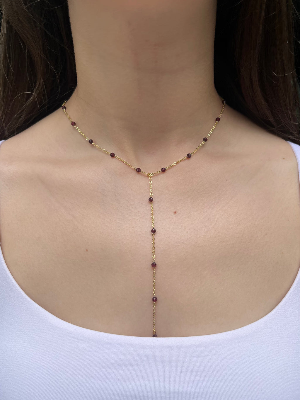 Lariat Garnet necklace , 18K gold plated