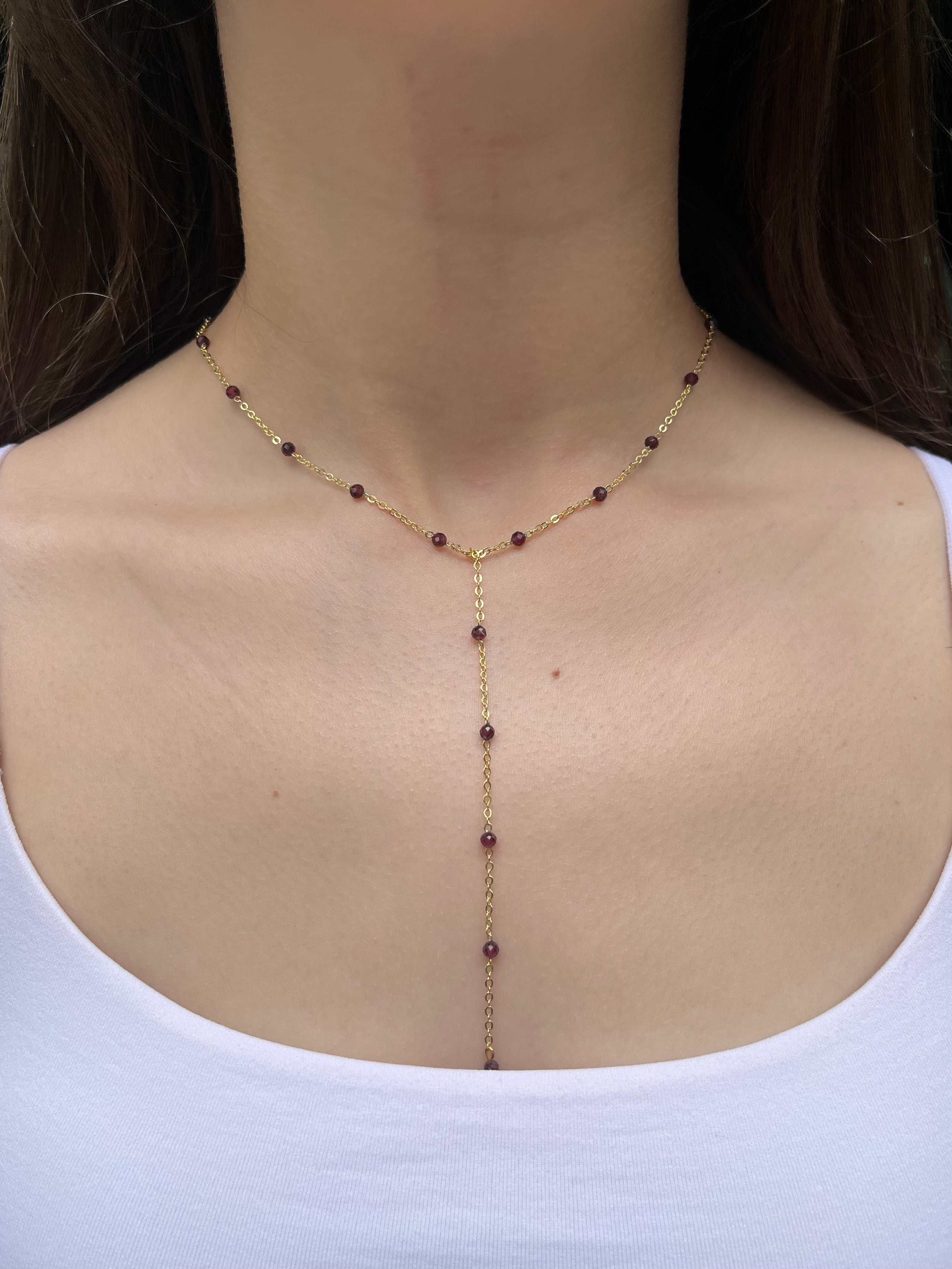 Lariat Garnet necklace , 18K gold plated