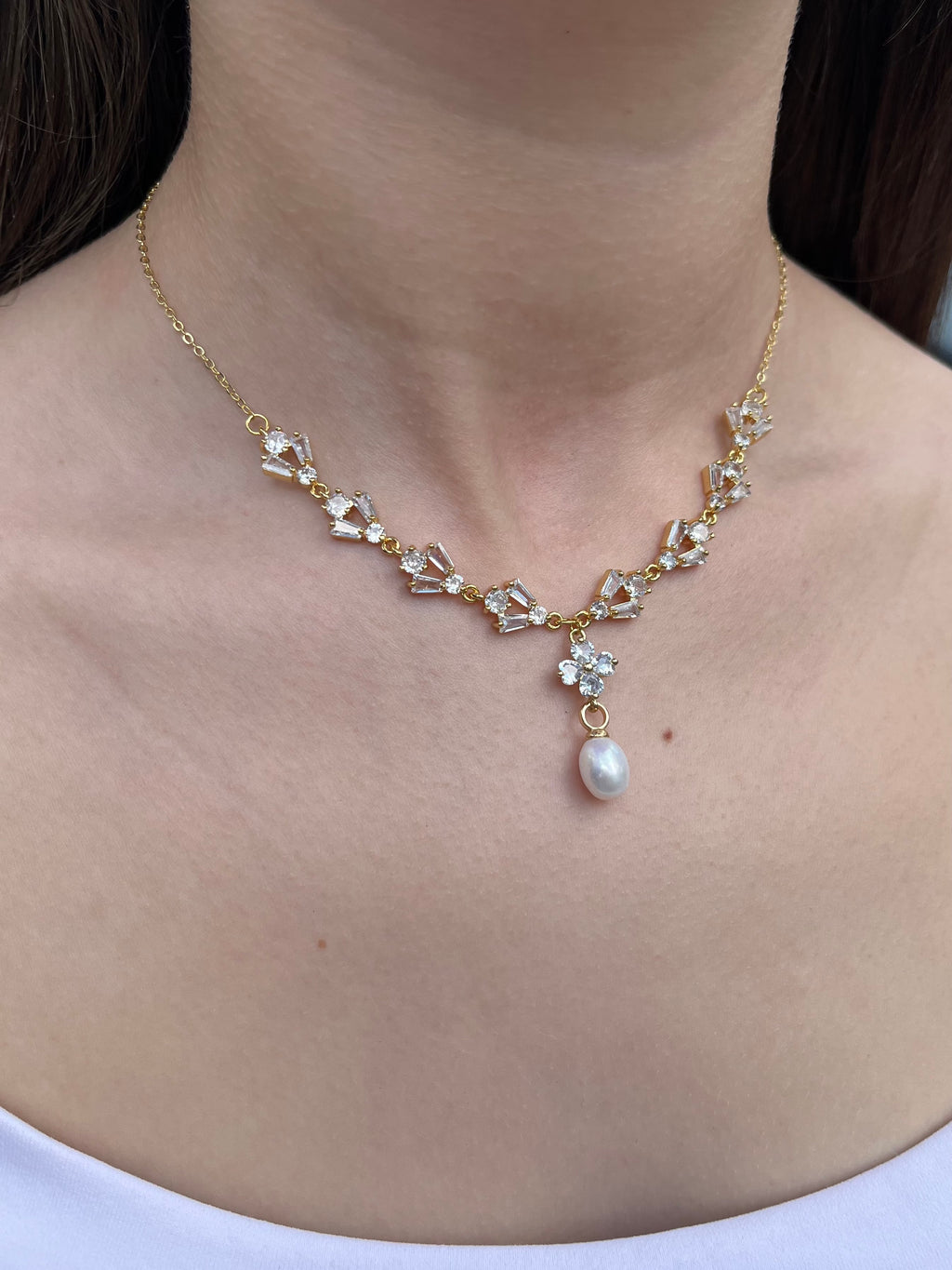 Natural Pearl & Zirconia Necklace with Earrings – 18K Gold Plated, Gift Box