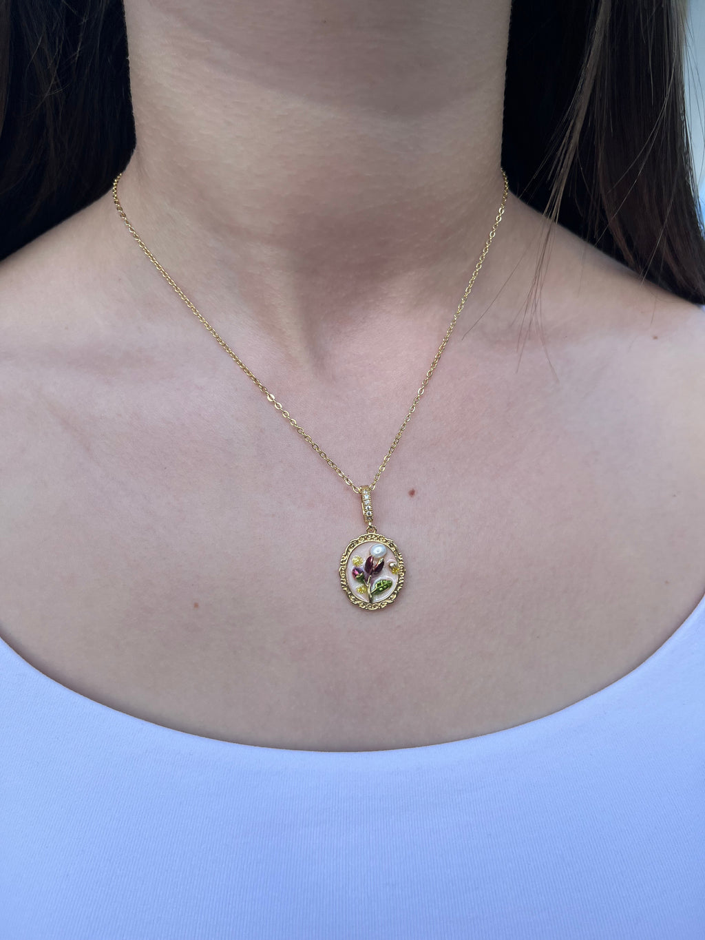 18K Gold Flower Enamel Pearl Pendant Necklace