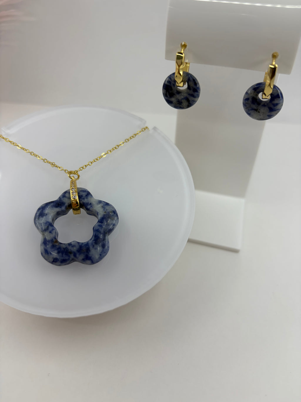 Blue spot jasper donut Earrings and sodalite necklace, 18K Gold Plated