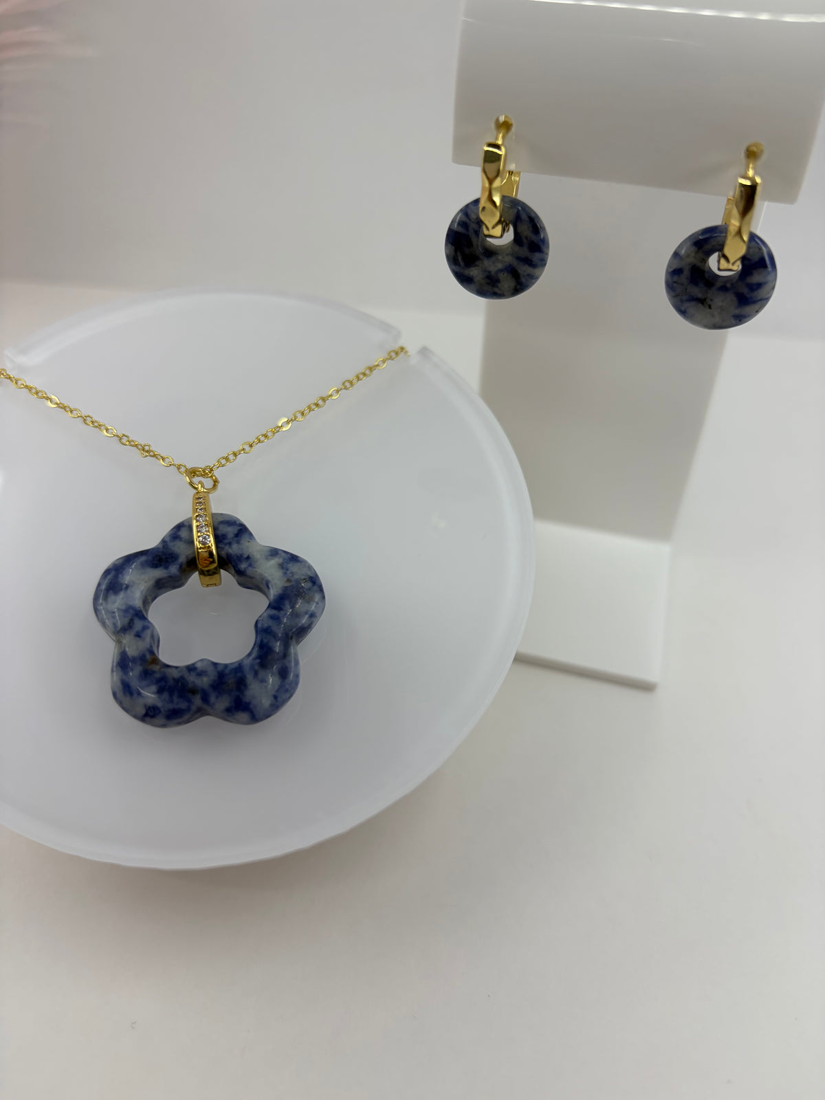 Blue spot jasper donut Earrings and sodalite necklace, 18K Gold Plated