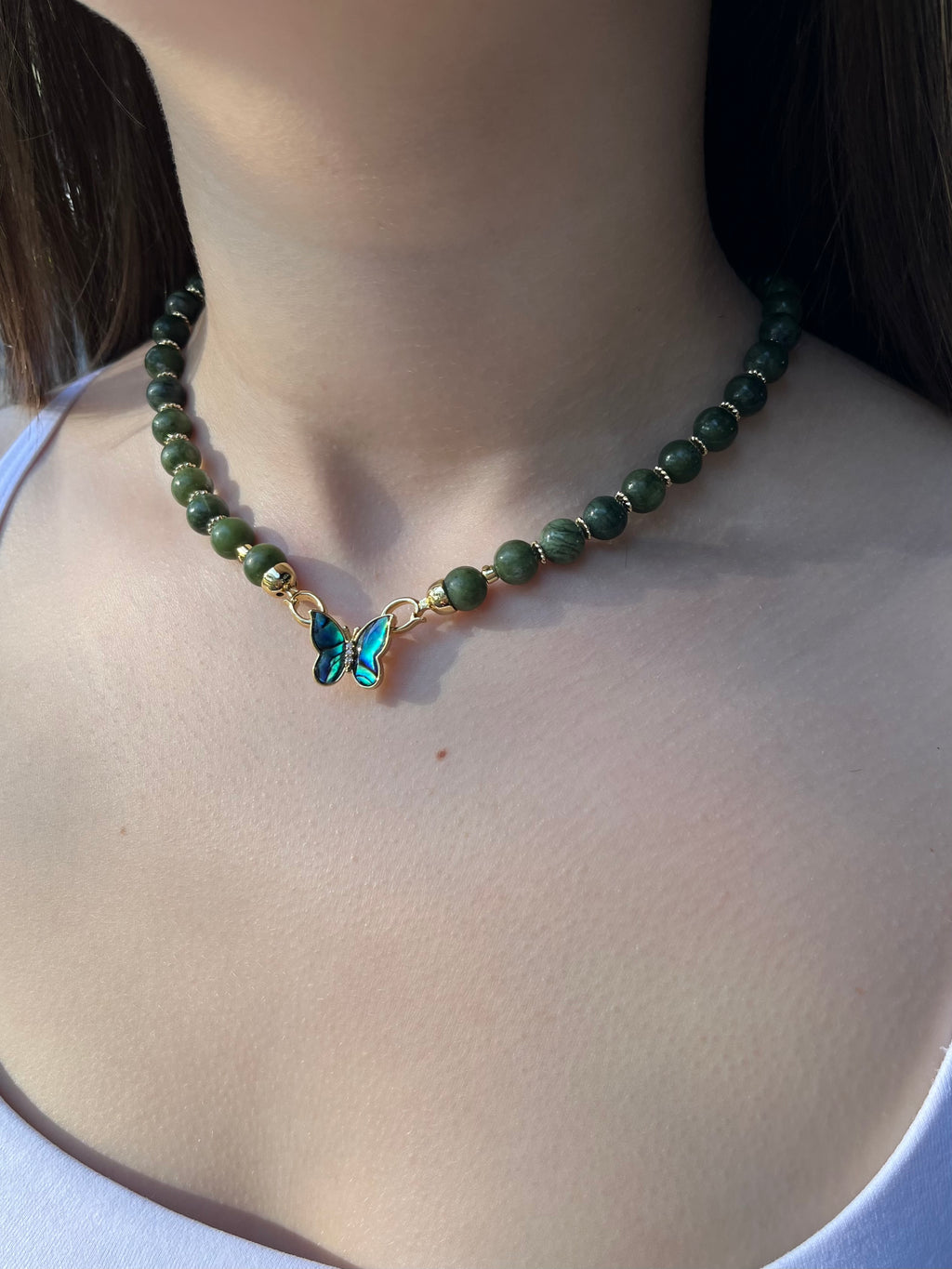 Natural Taiwan Jade Necklace with 18K Gold Butterfly Clasp