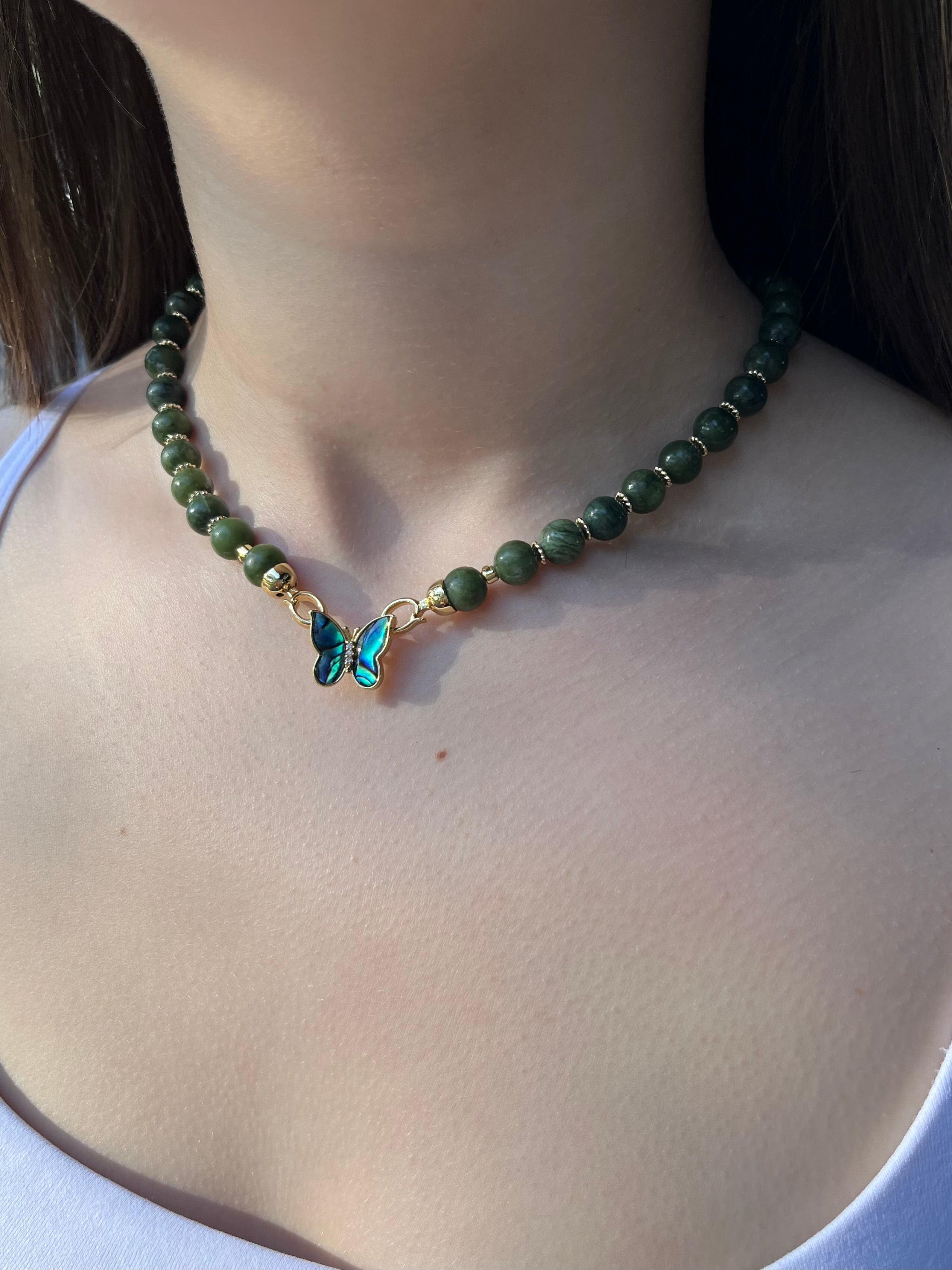 Natural Taiwan Jade Necklace with 18K Gold Butterfly Clasp