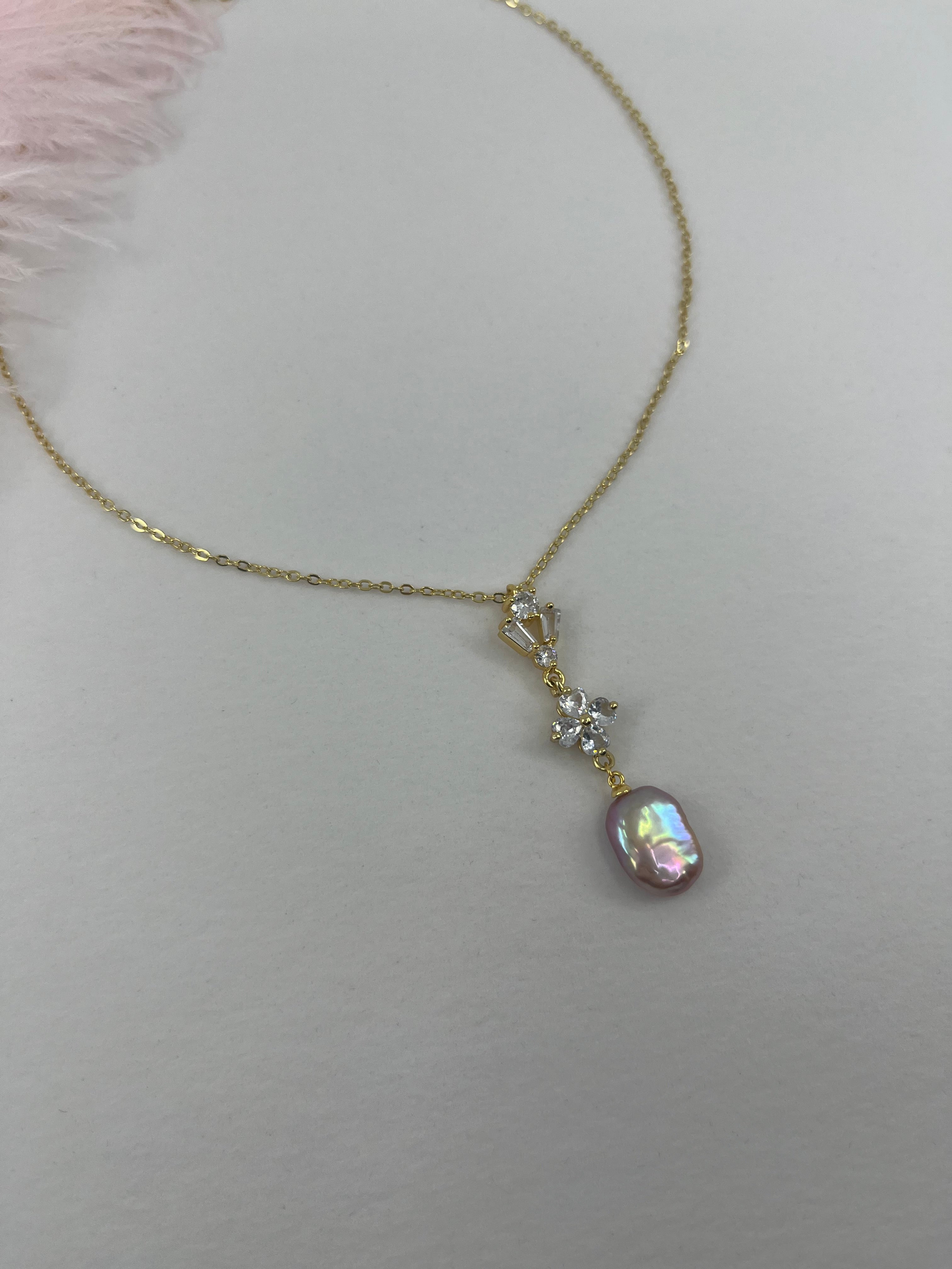 Baroque Pearl and zirconia Y-Necklace, 18k gold plated