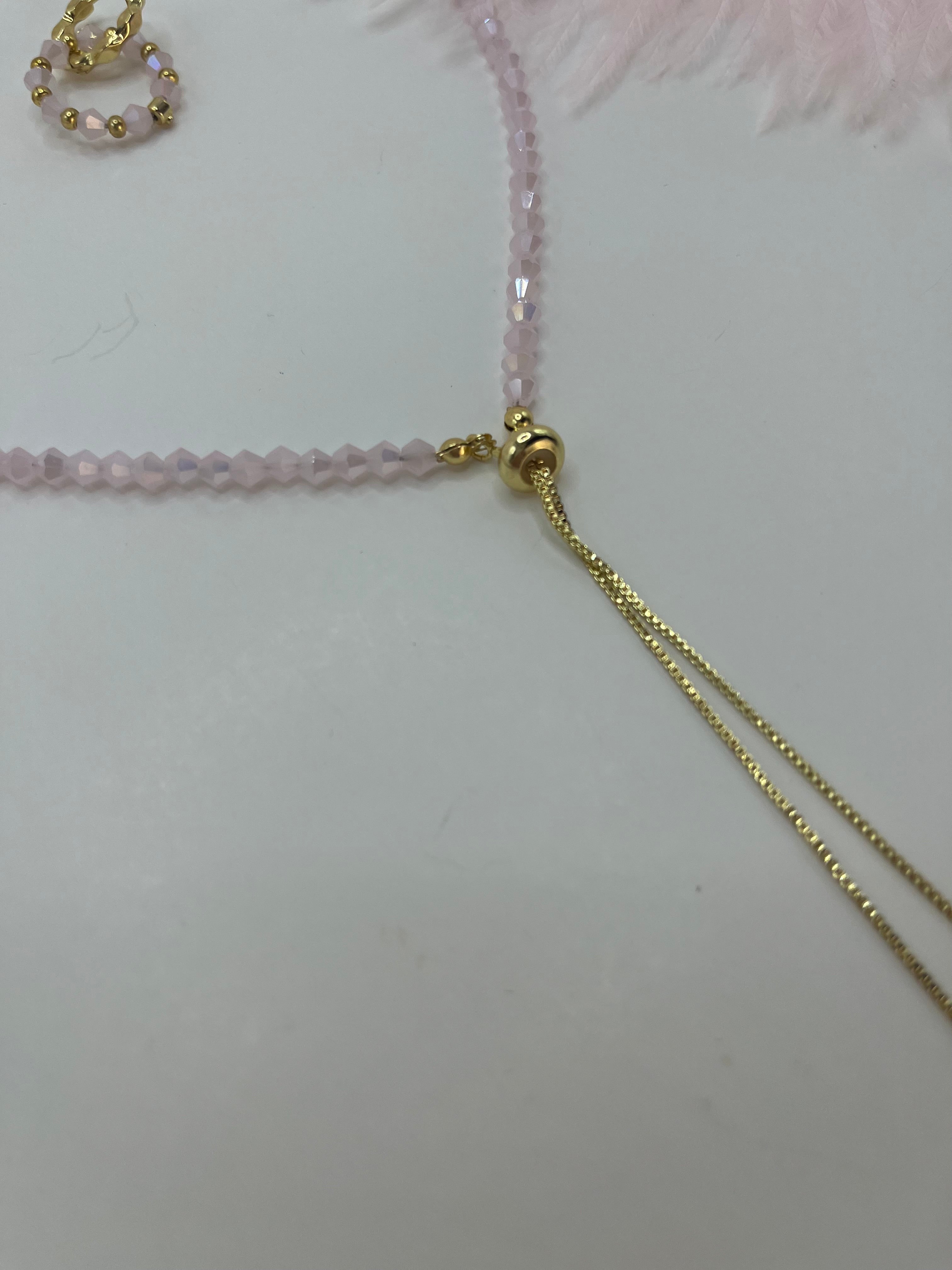 Set Pink Beaded Choker Necklace with Earrings – 18K Gold Plated