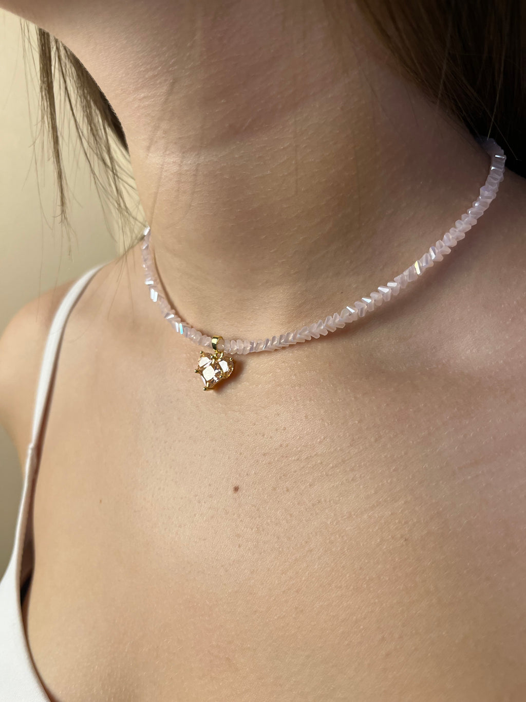 Crystal Pink Glass Bead Choker: 18K Gold Heart Pendant