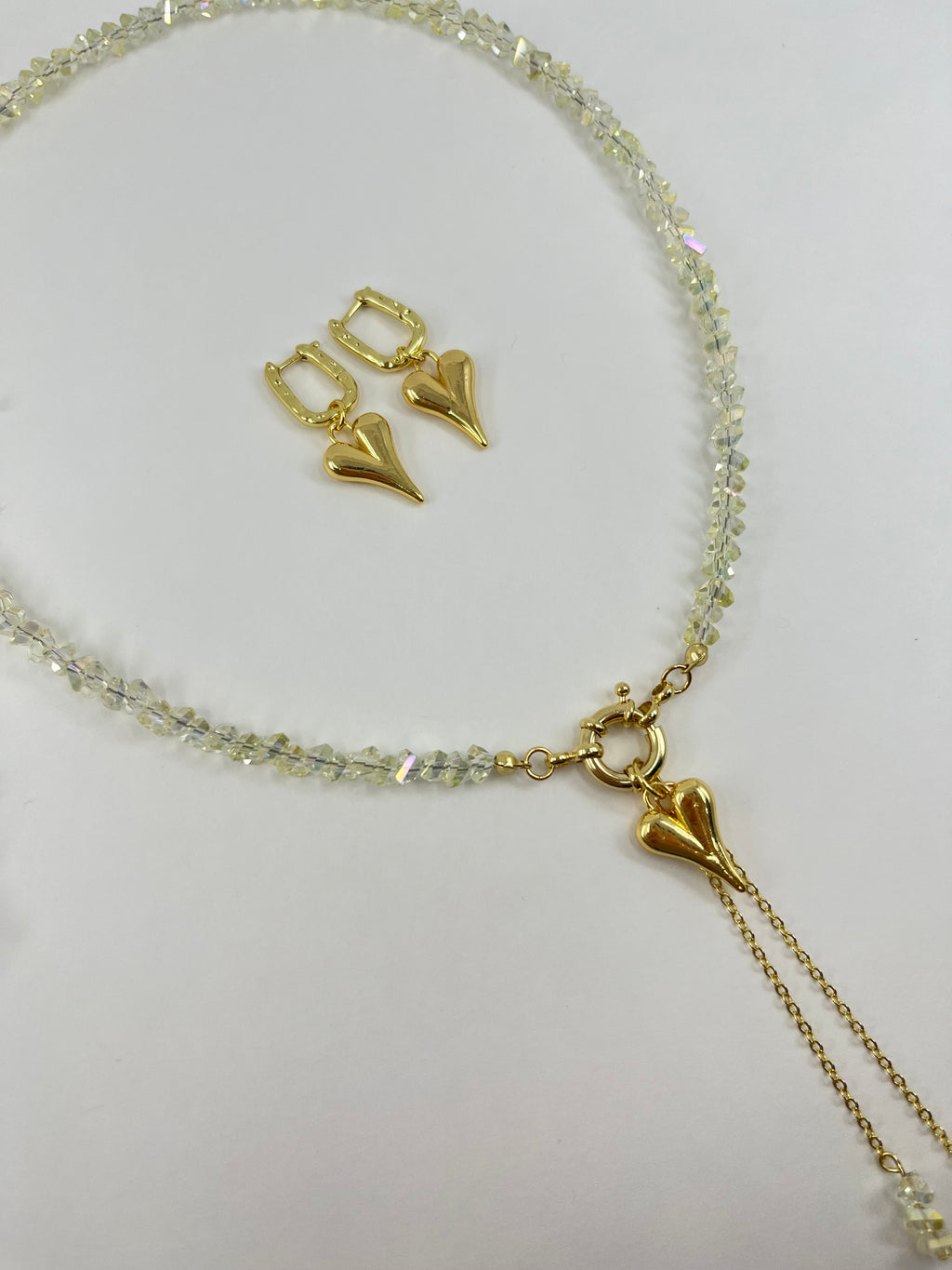 Set: Heart Crystal Y-Necklace and Earrings – 18K Gold Plated