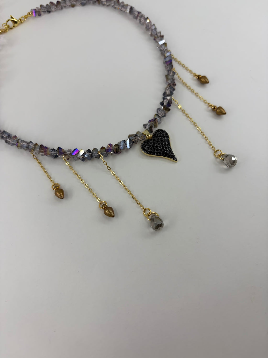 Black Crystal Heart Necklace, 18K Gold Plated