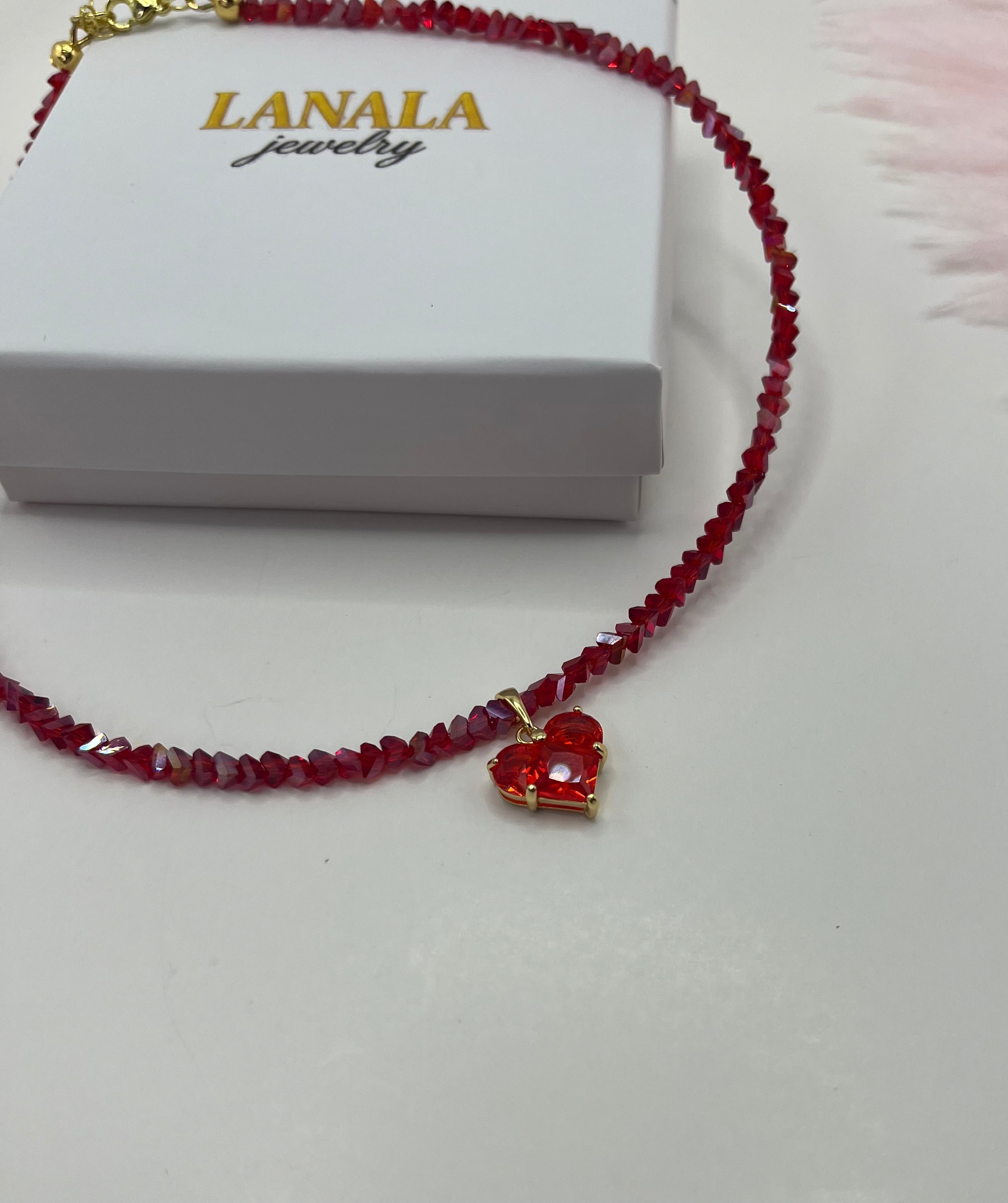 Crystal Red Glass Bead Choker: 18K Gold Heart Pendant