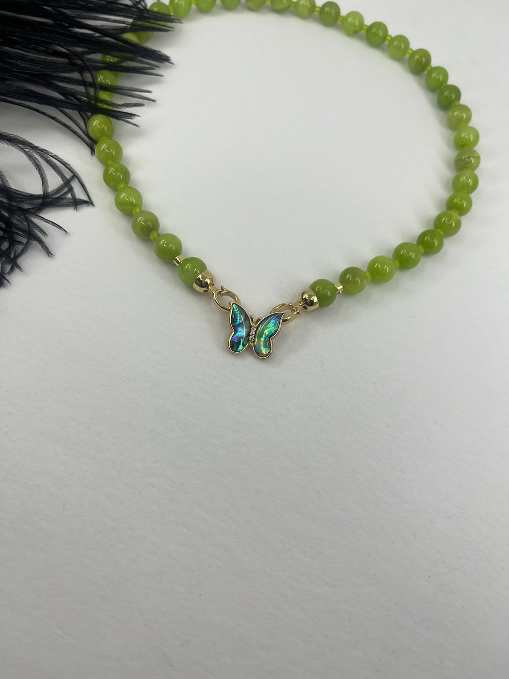 Natural Light Green Jade Necklace with 18K Gold Butterfly Clasp