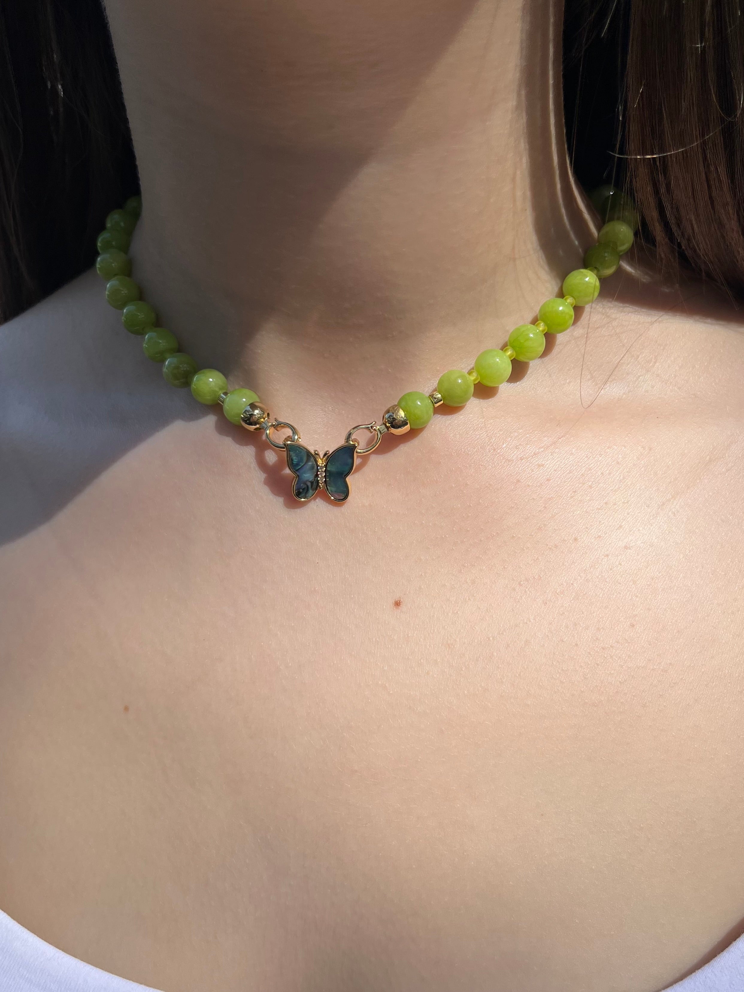 Natural Light Green Jade Necklace with 18K Gold Butterfly Clasp