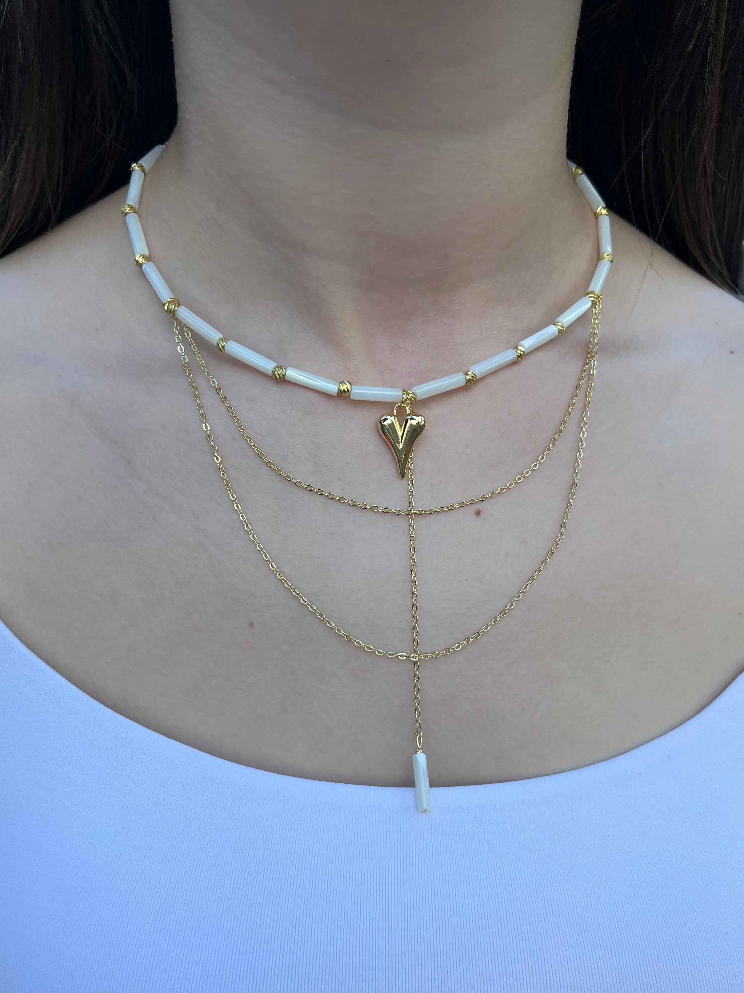 Layered Natural Trochus Shell Heart Necklace, 18K Gold-Plated