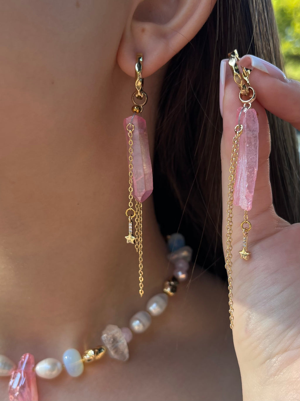 Set: Rose Quartz and Pearls Necklace and Earrings