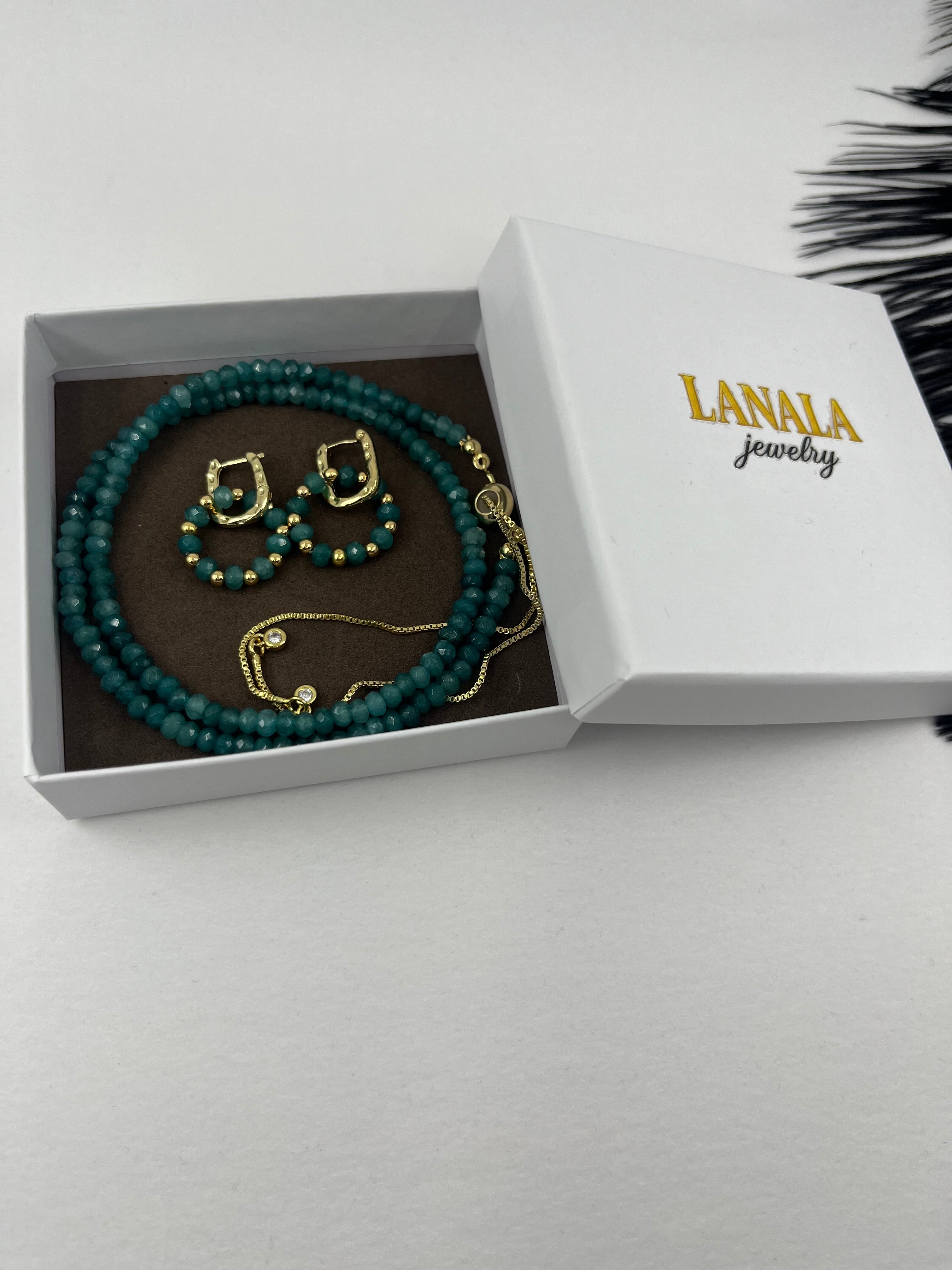 Set: Natural Malaysia Jade Y-Necklace & Earrings, Dark Cyan
