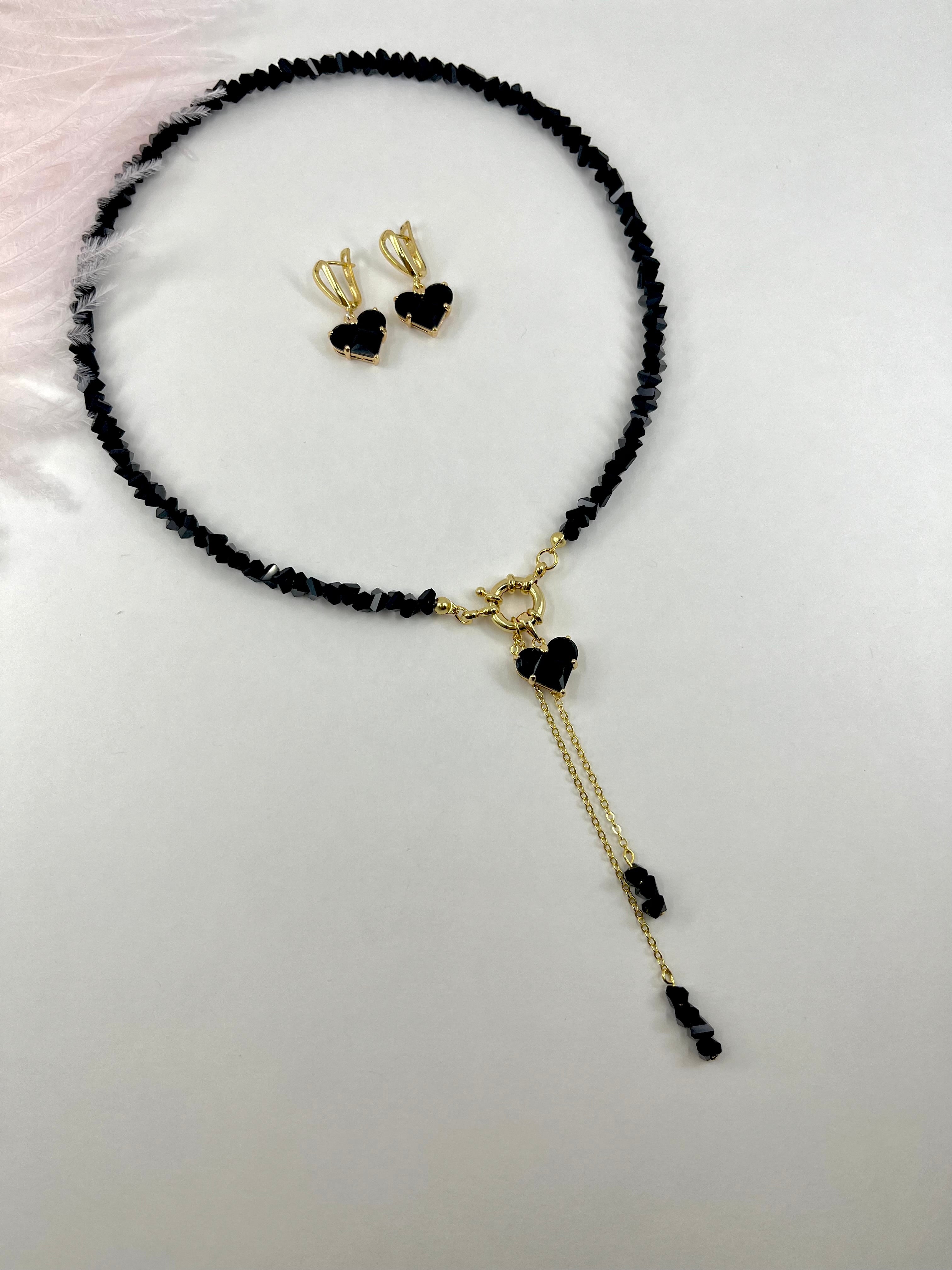 Set: Heart Black Crystal Y-Necklace and Earrings – 18K Gold Plated, Cubic Zirconia