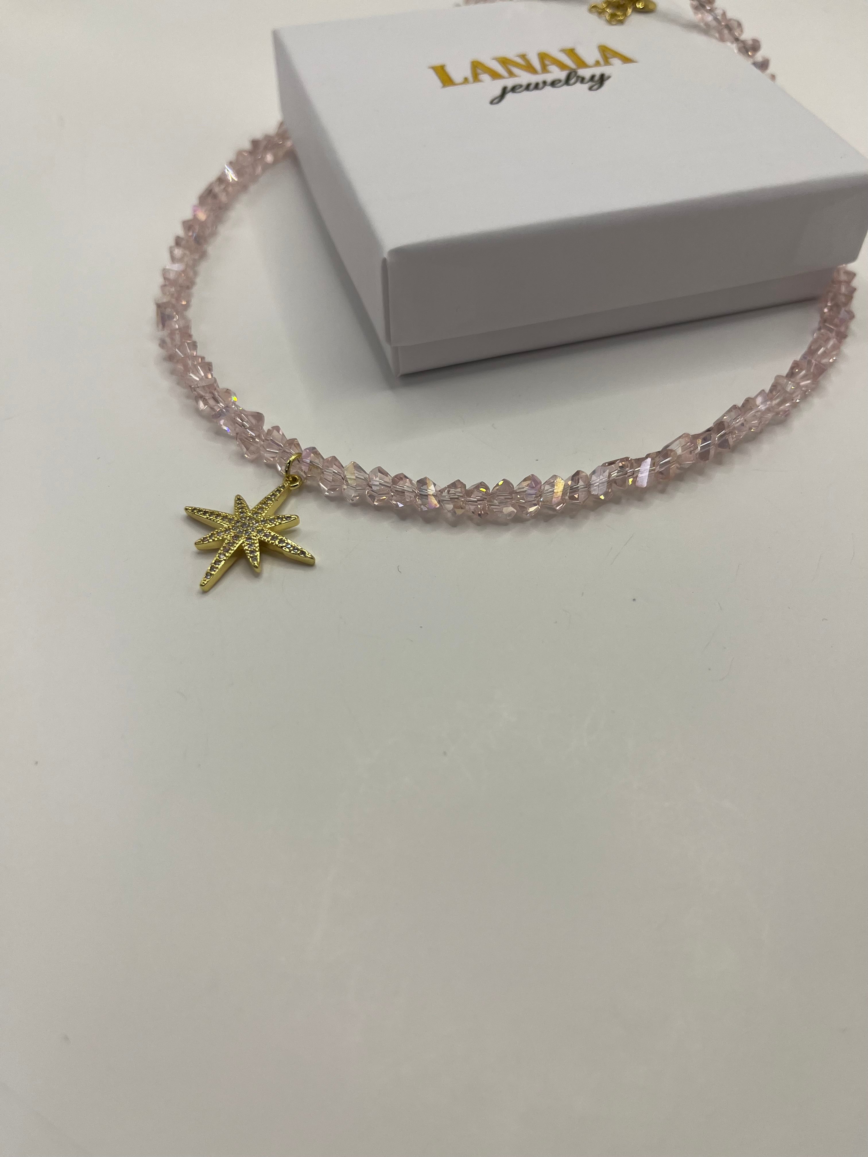 Crystal Glass Bead Choker: 18K Gold Star Pendant