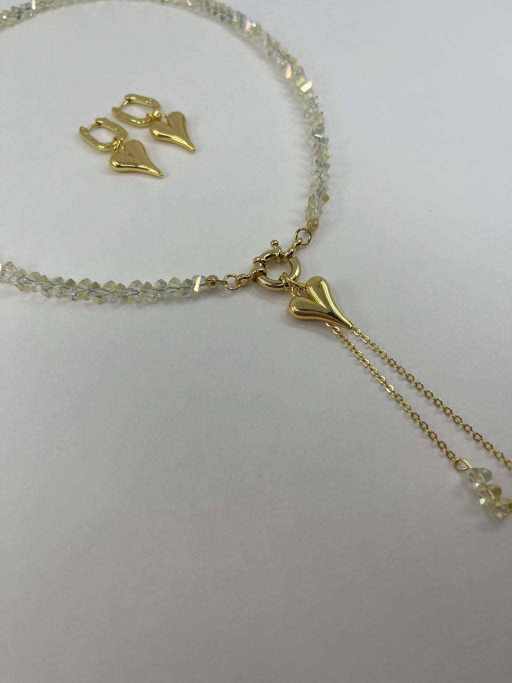 Set: Heart Crystal Y-Necklace and Earrings – 18K Gold Plated