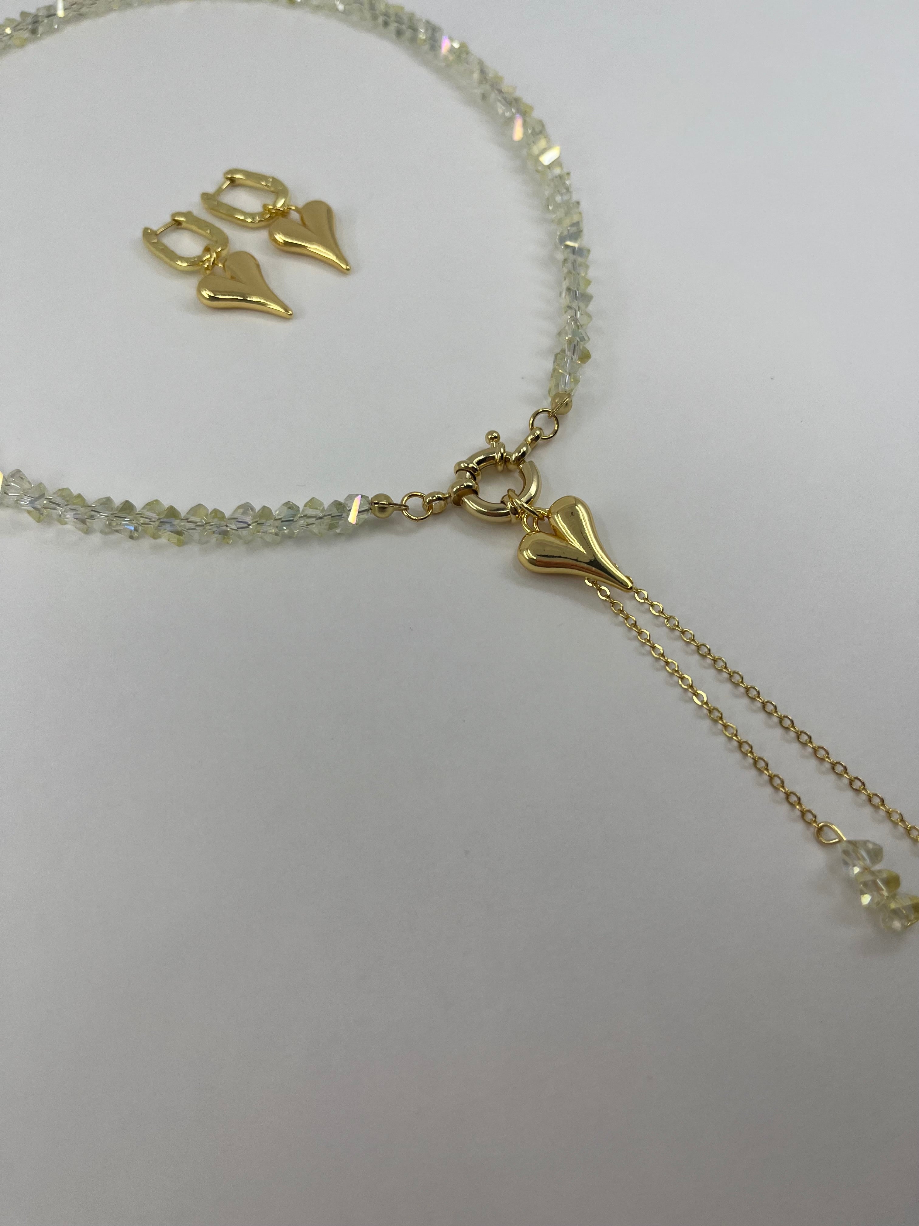 Set: Heart Crystal Y-Necklace and Earrings – 18K Gold Plated