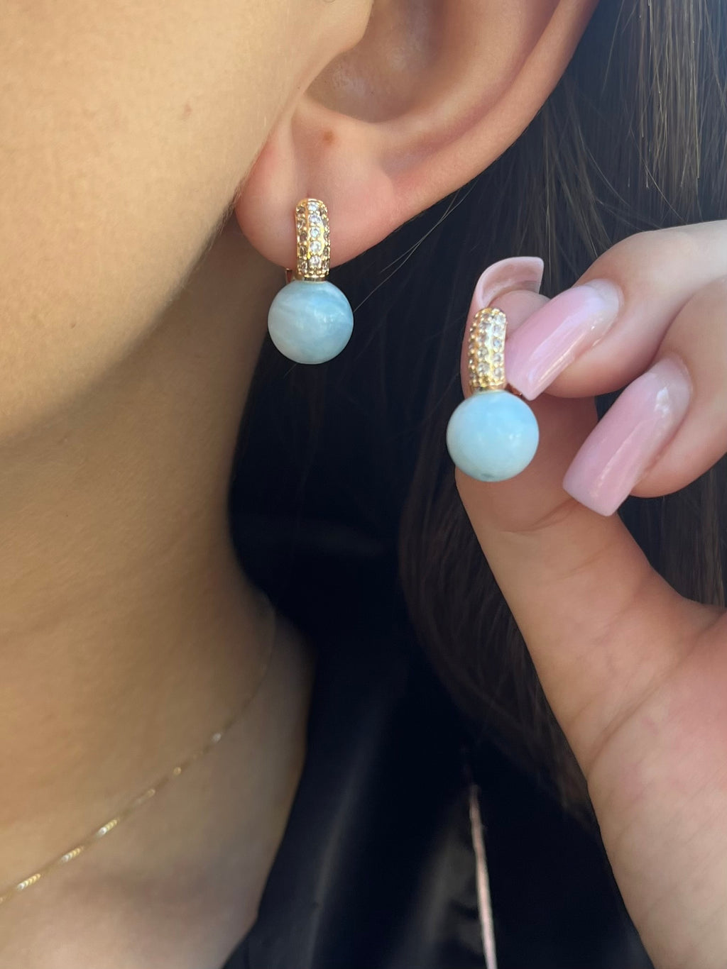 Natural light blue Jade Gold Zirconia Earrings