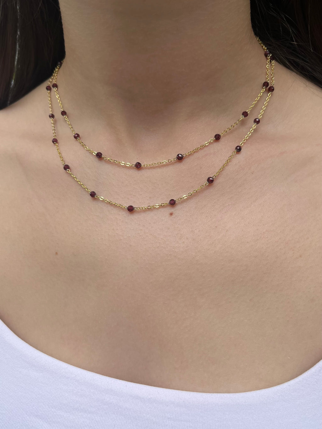 Layered Garnet necklace , 18K gold clasp