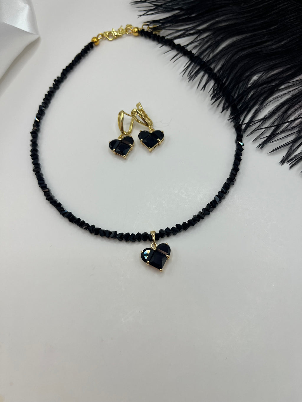 Set: Heart Black Crystal Choker Necklace and Earrings – 18K Gold Plated, Cubic Zirconia, Nickel Free