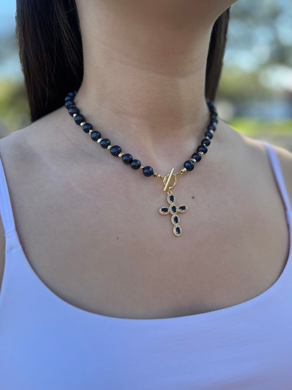 Blue Pearl Choker Necklace with Cross pendant: 18K Gold Plated