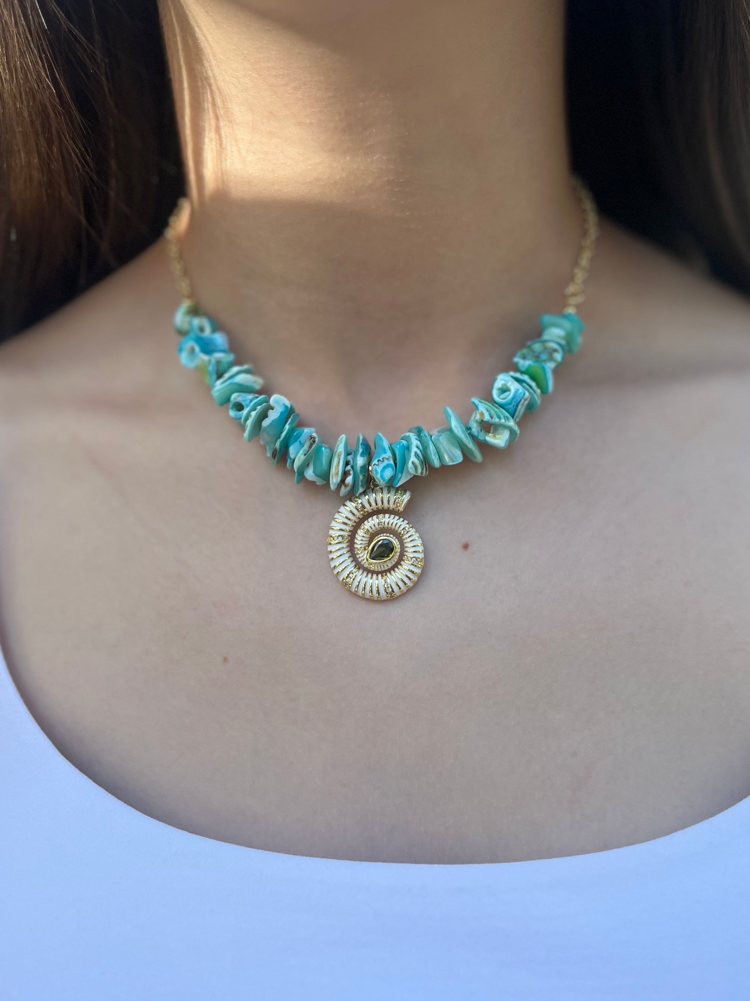 Natural Blue Shell Necklace with Conch Charm, 18K Gold Plated