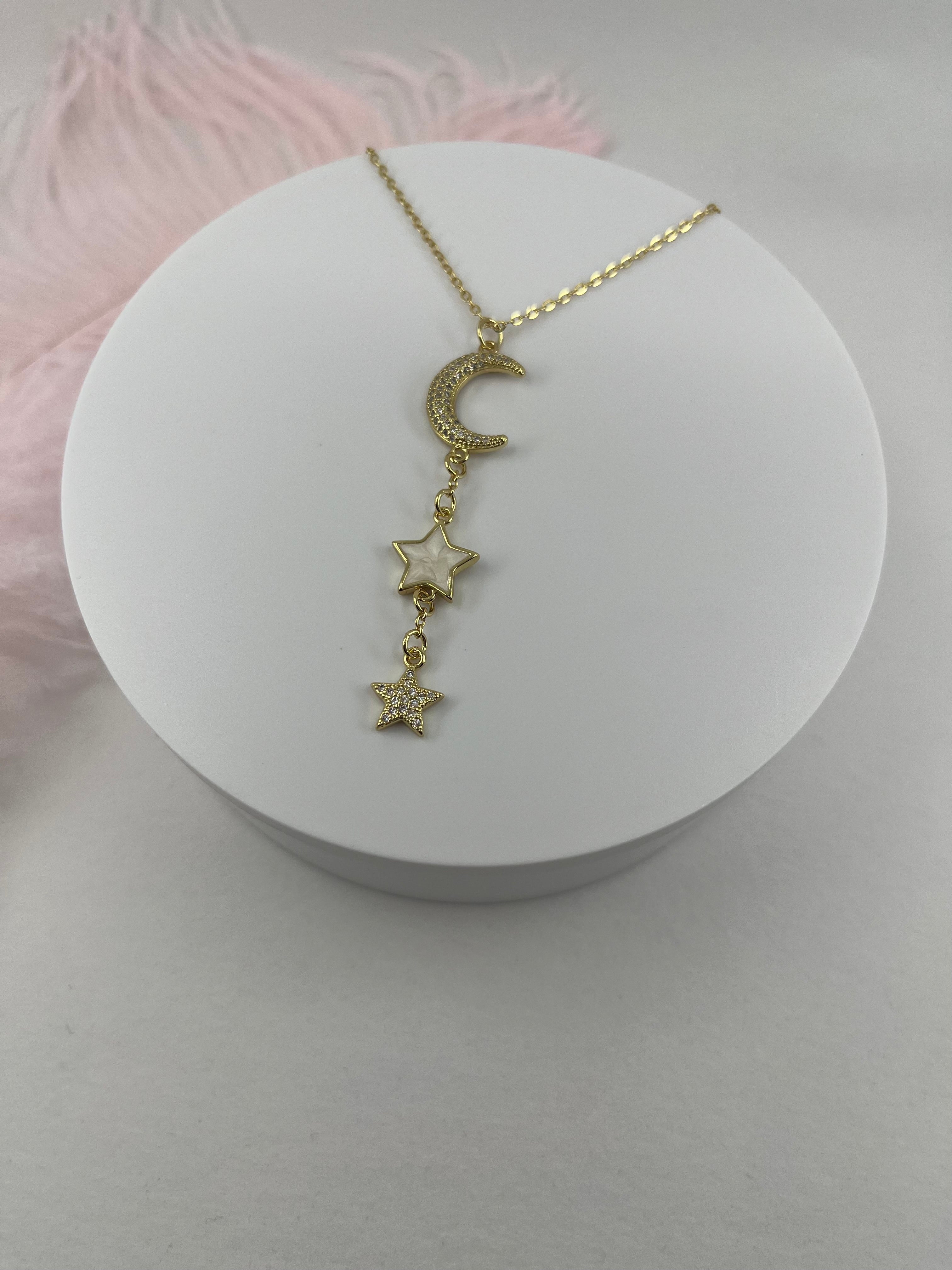 Zirconia Star and Moon Choker Necklace, Real 18K Gold Plated