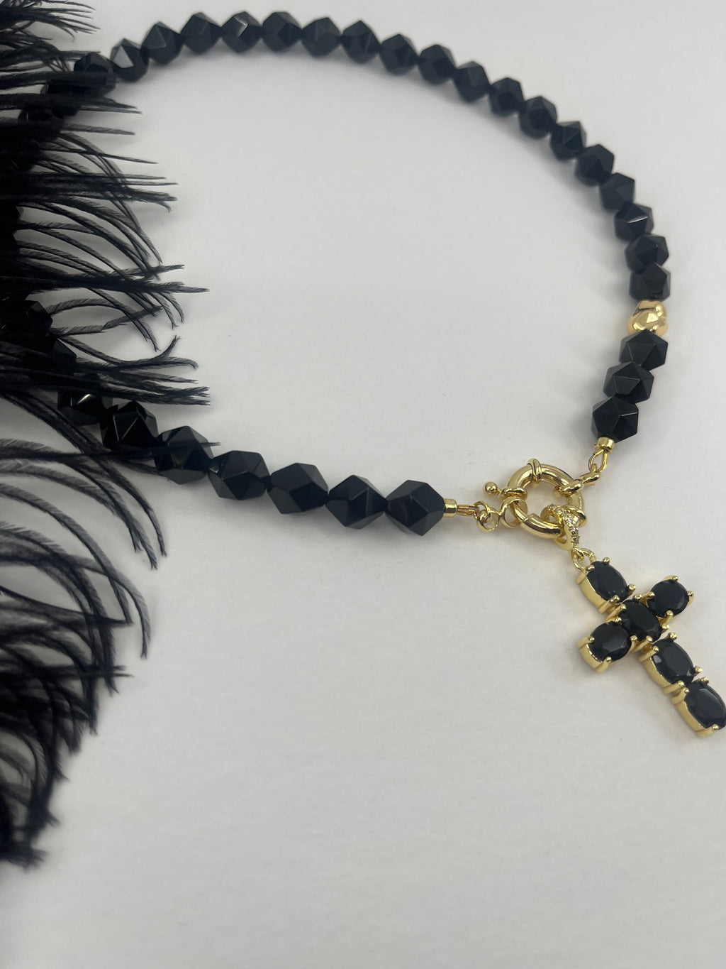 Natural Black Onyx Necklace with Gold Zirconia Cross