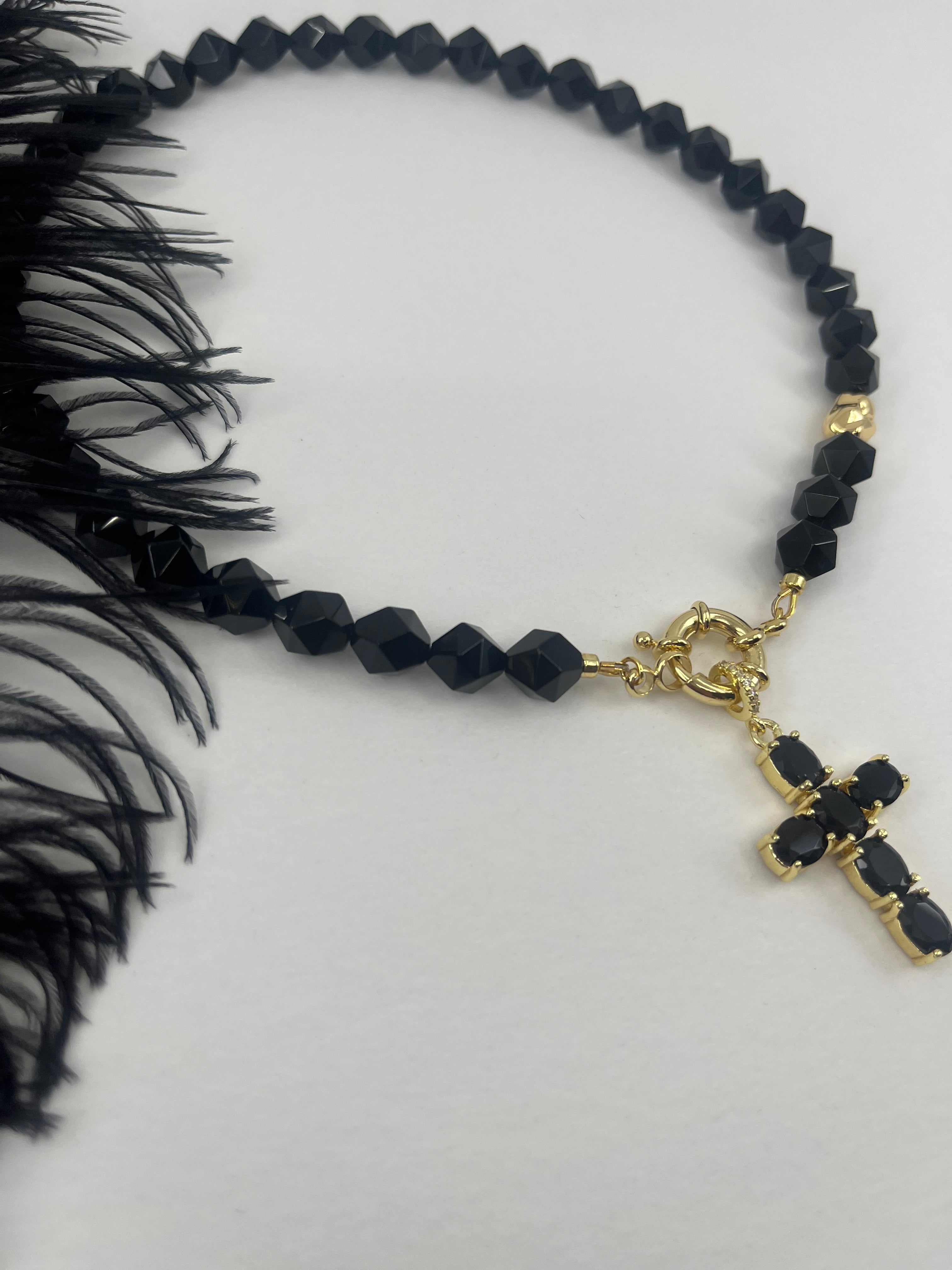Natural Black Onyx Necklace with Gold Zirconia Cross