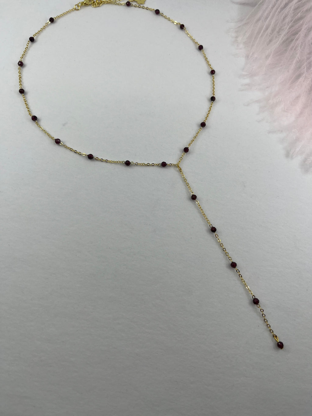 Lariat Garnet necklace , 18K gold plated