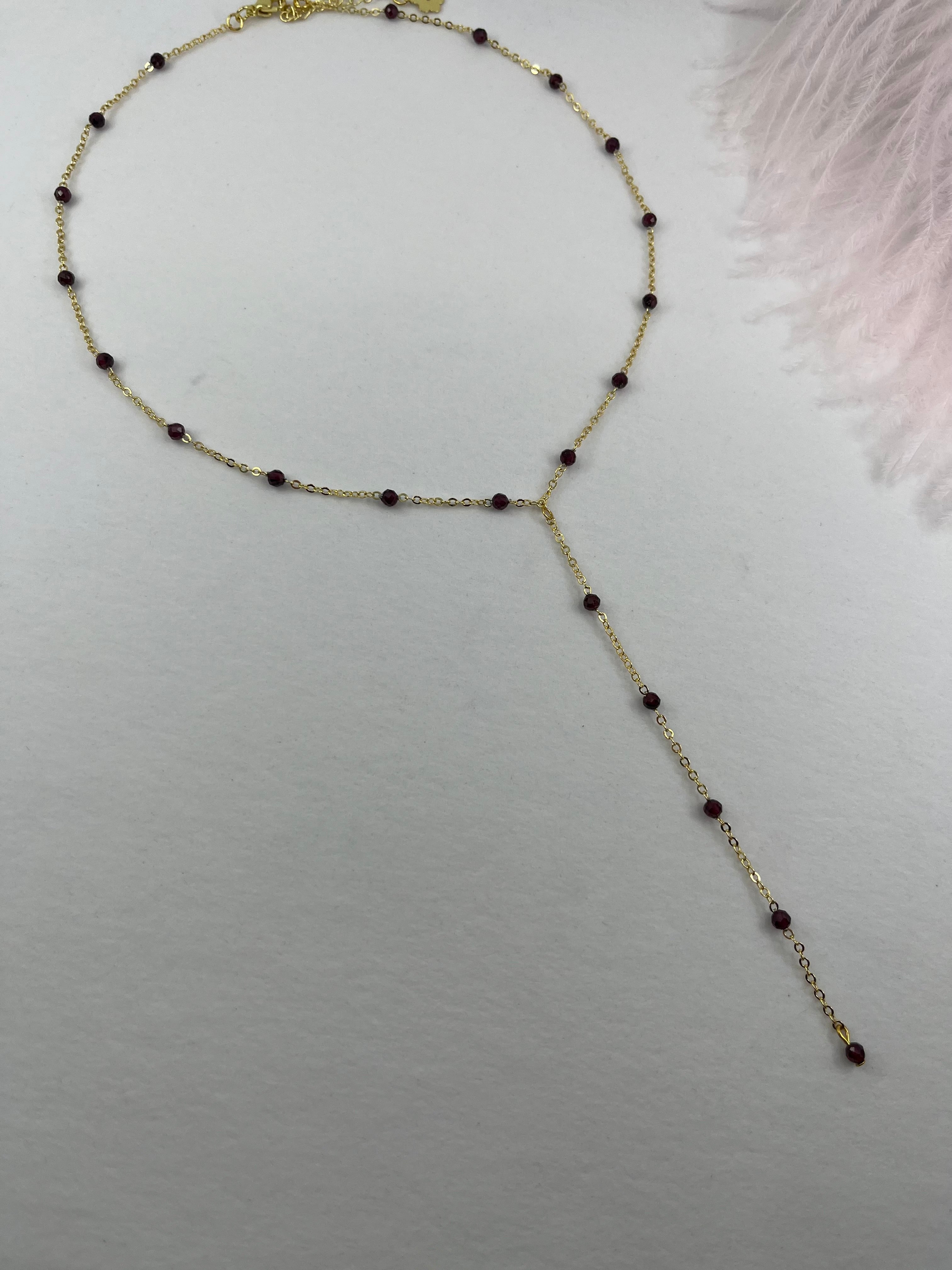 Lariat Garnet necklace , 18K gold plated