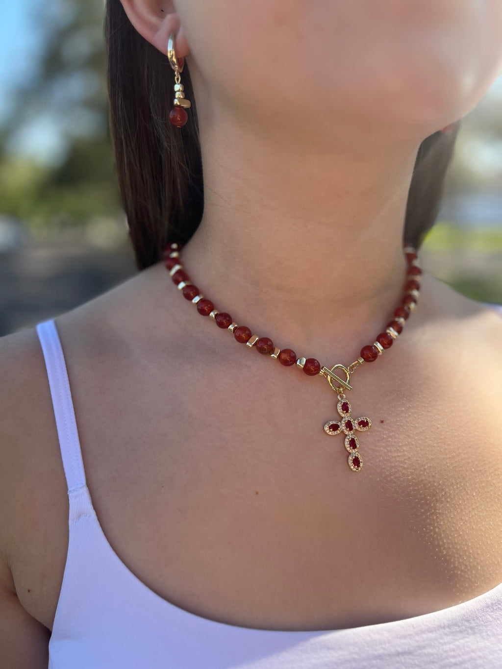 Set: Natural Carnelian Necklace with 18K Gold Cross and earrings