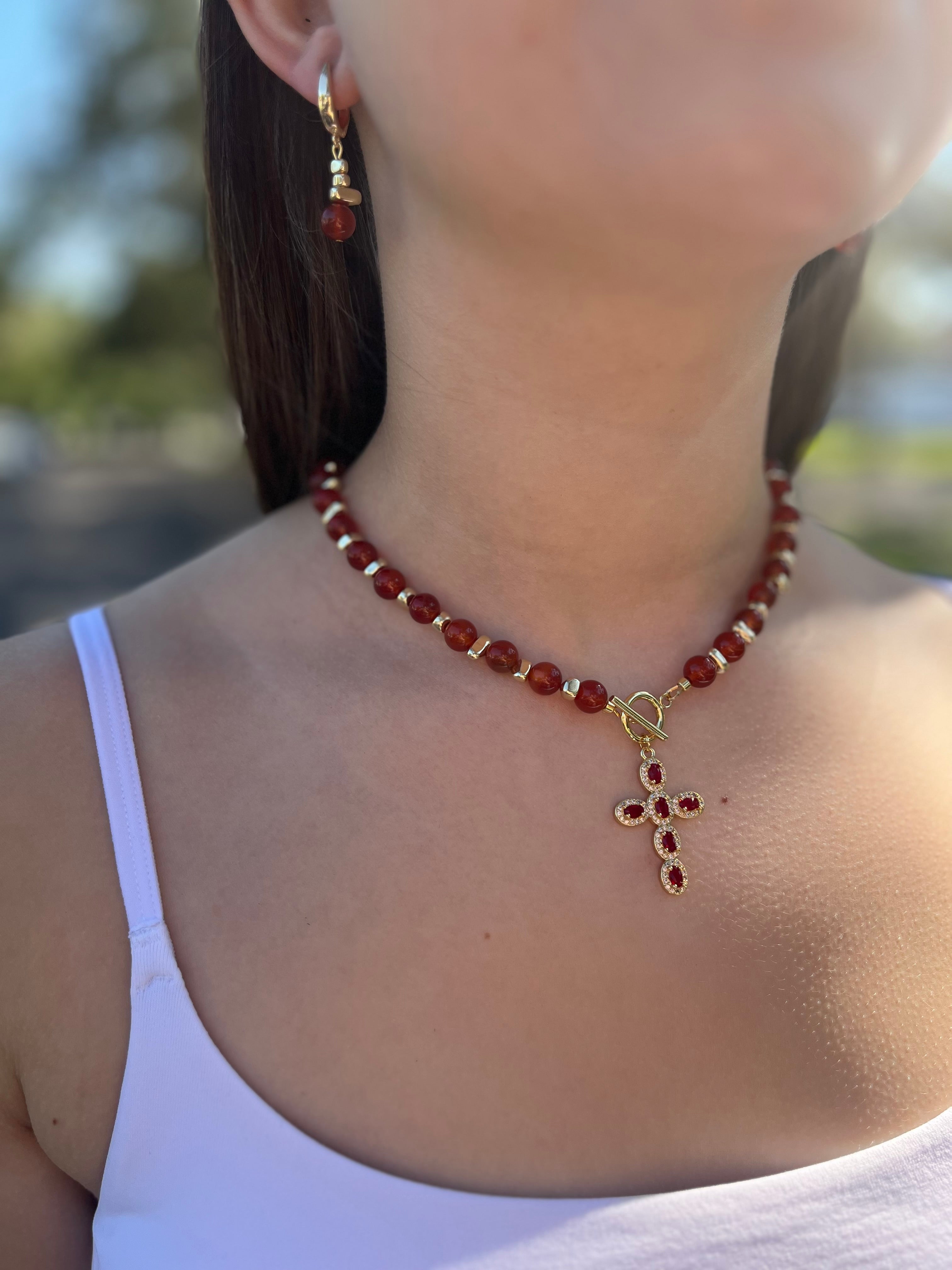 Set: Natural Carnelian Necklace with 18K Gold Cross and earrings