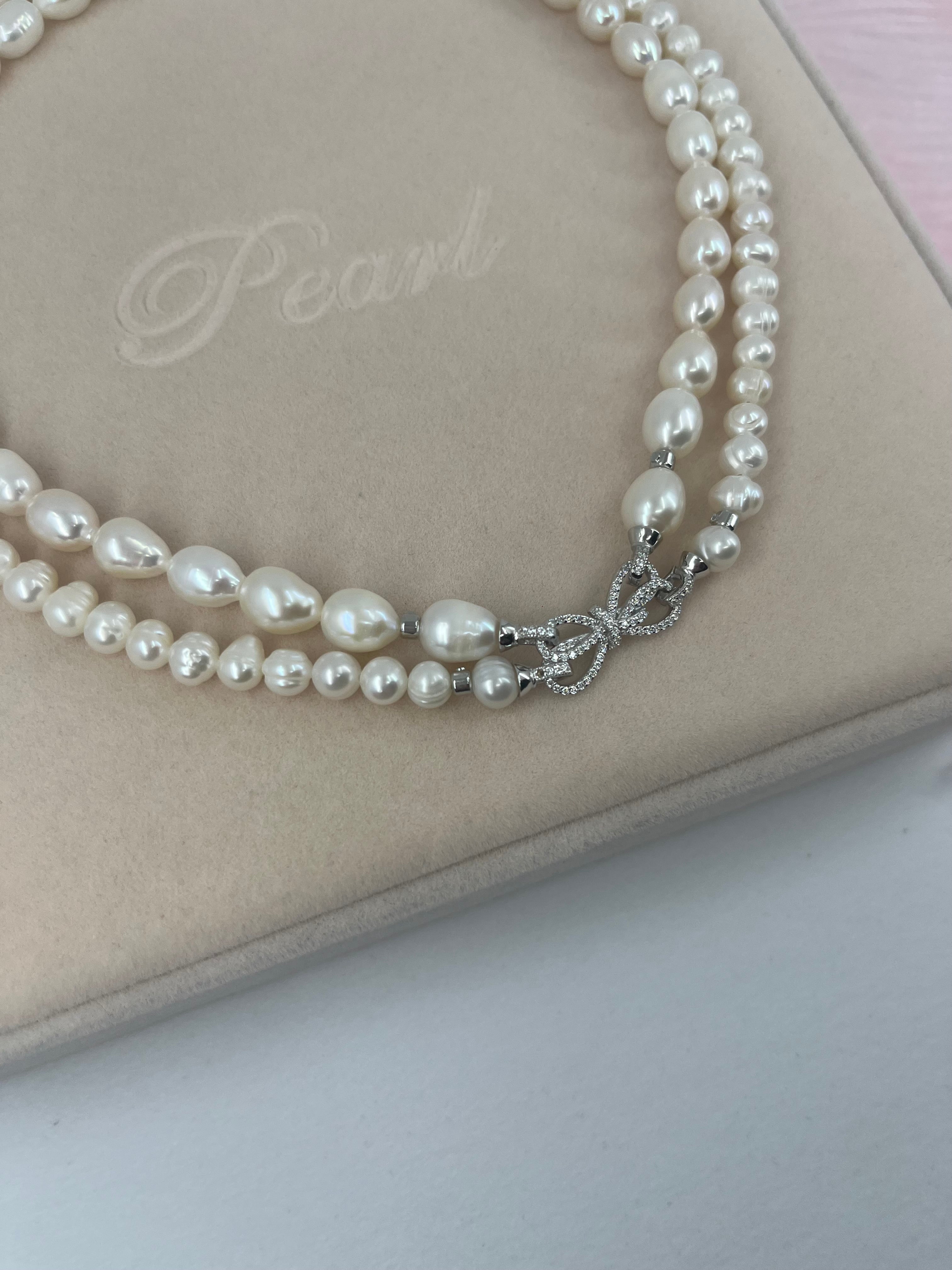 Layered Natural Pearl Necklace with 925 Sterling Silver Bowknot Clasp, Gift Box