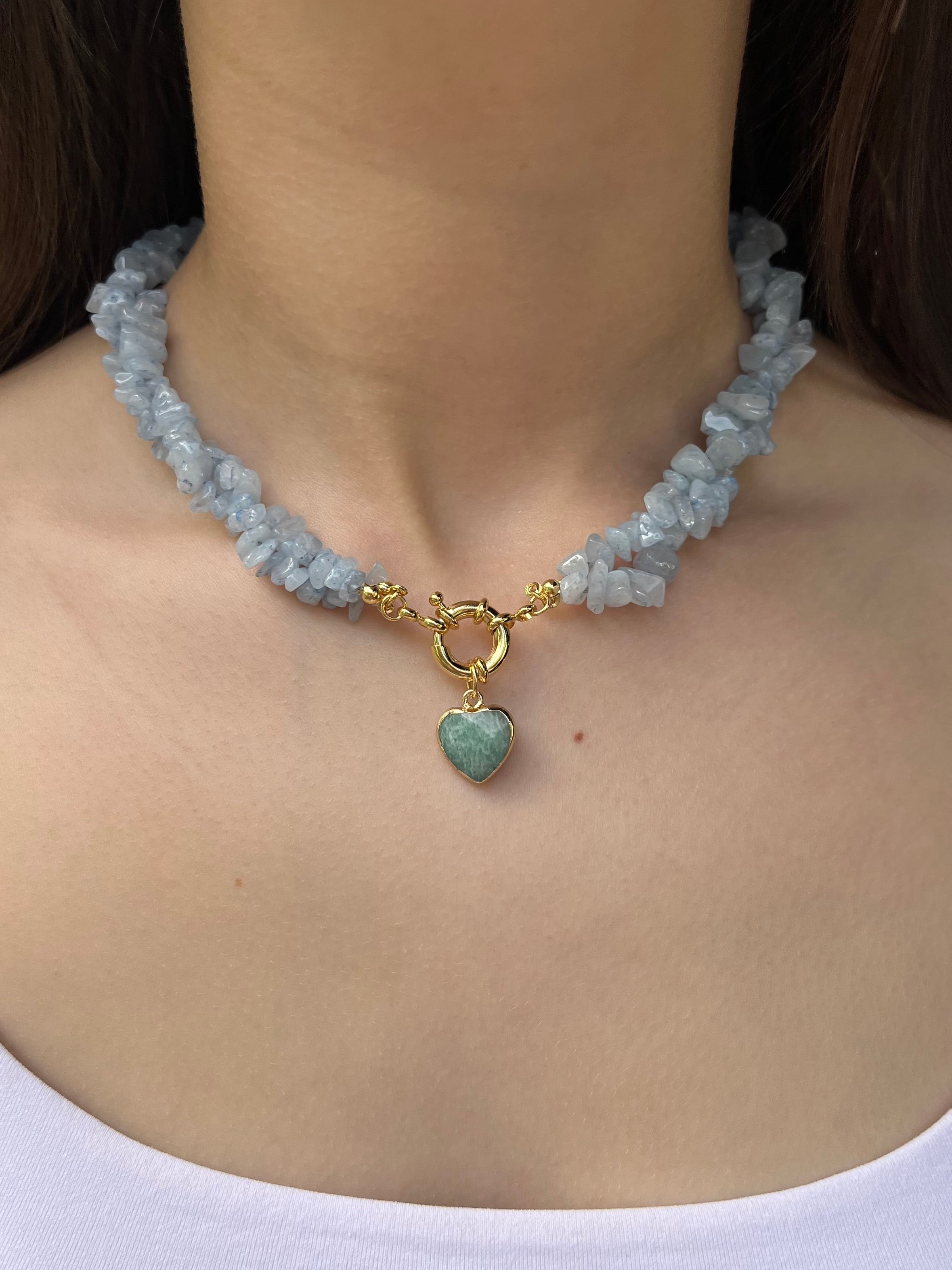 Natural Aquamarine Necklace with Amazonite heart pendant