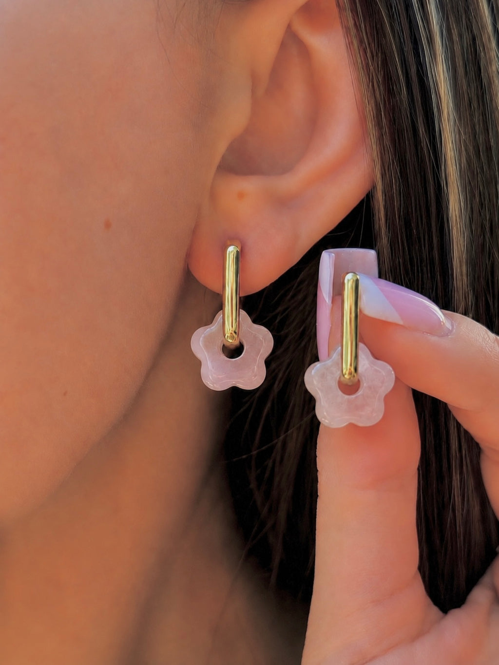 Rose Quartz flower Earrings,18K Gold Plated