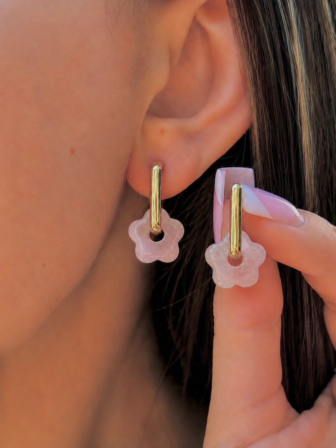 Rose Quartz flower Earrings,18K Gold Plated