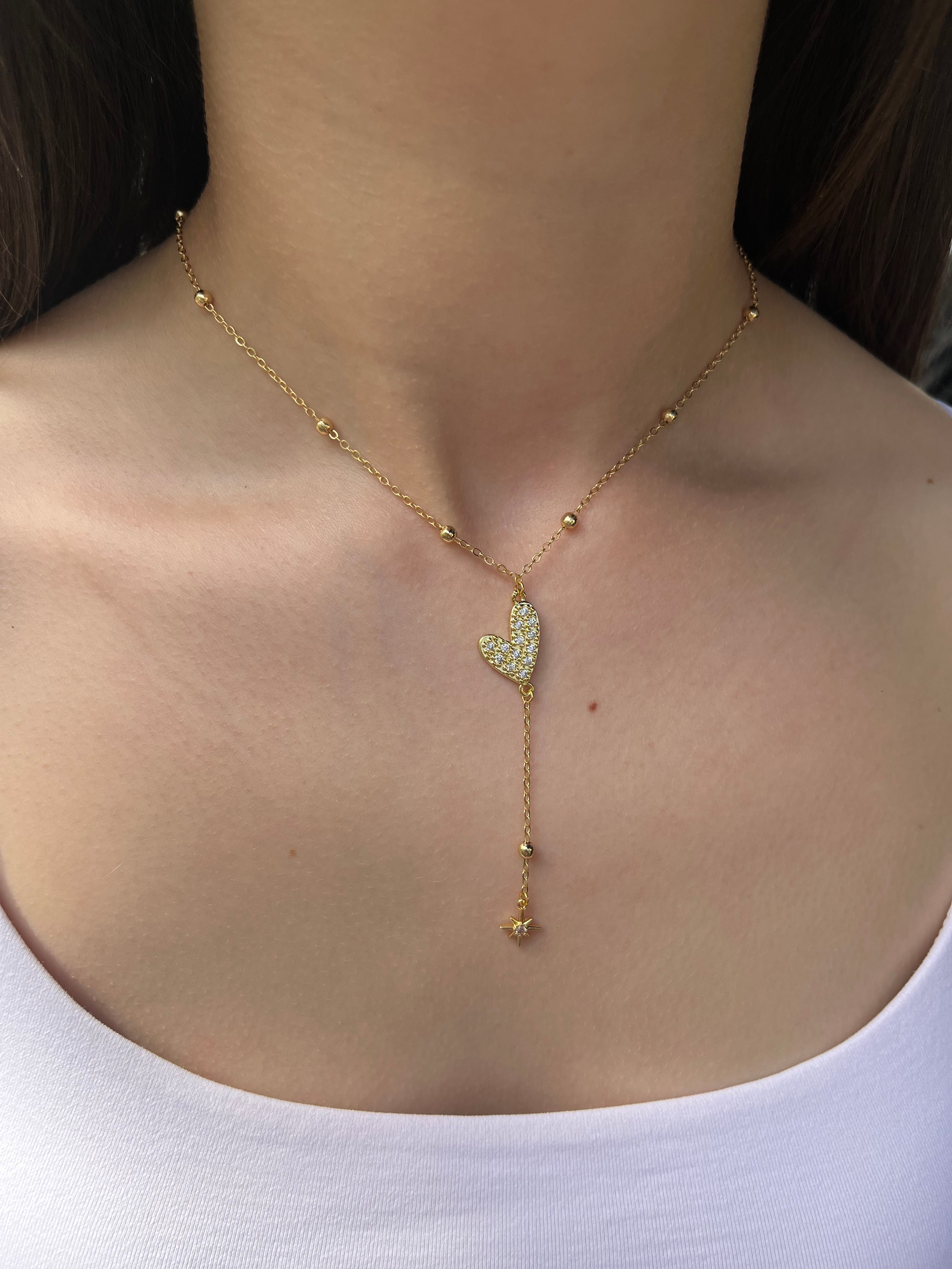 Lariat Y-Necklace, zirconia heart pendant 18k gold plated