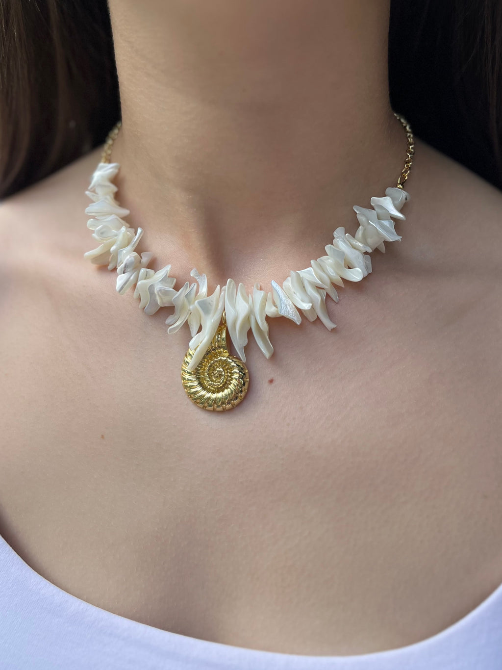Natural Trochid Shell Necklace with Conch Charm, 18K Gold Plated