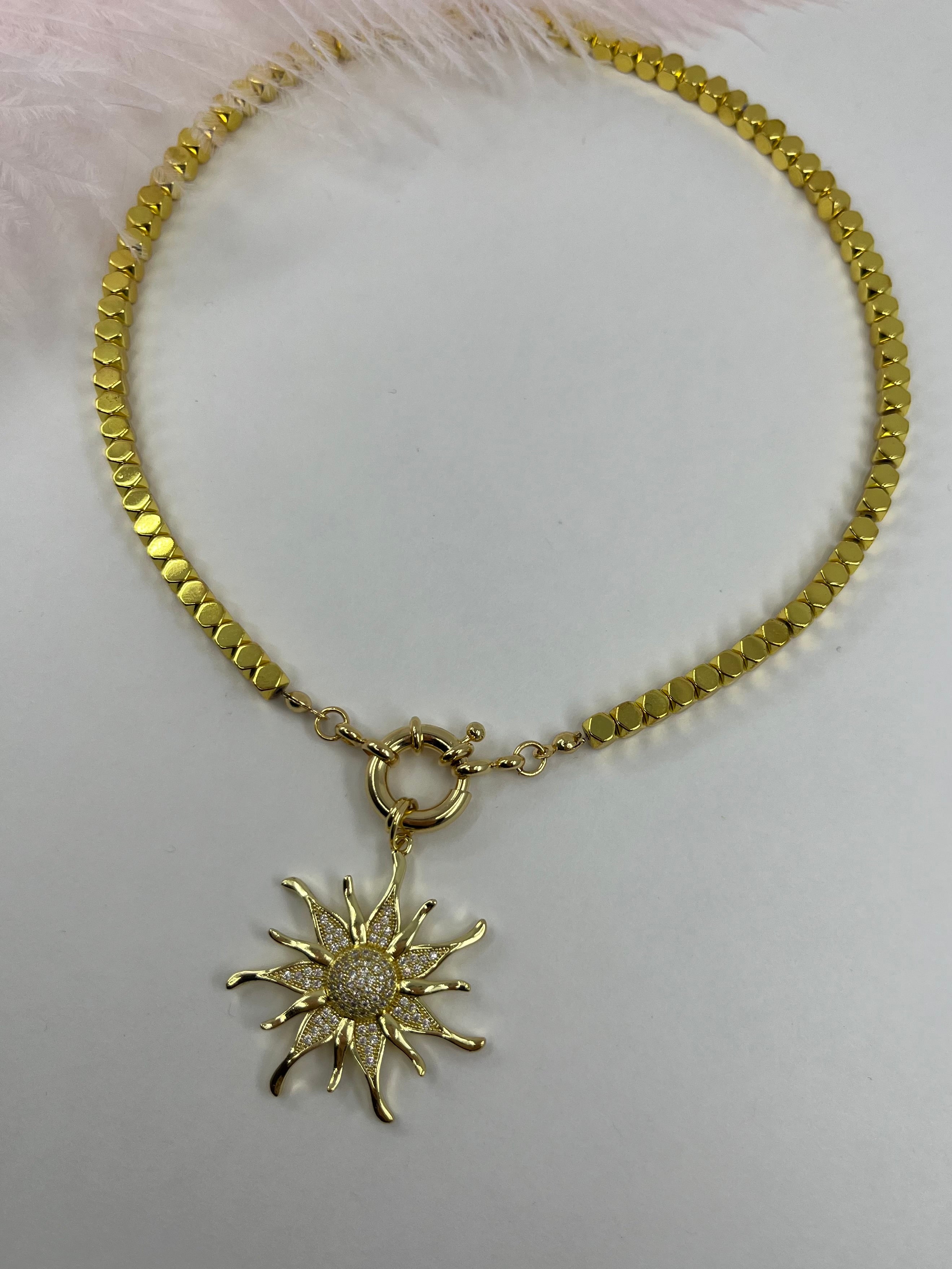Gold Hematite Sun Necklace, 18K Gold Plated pendant