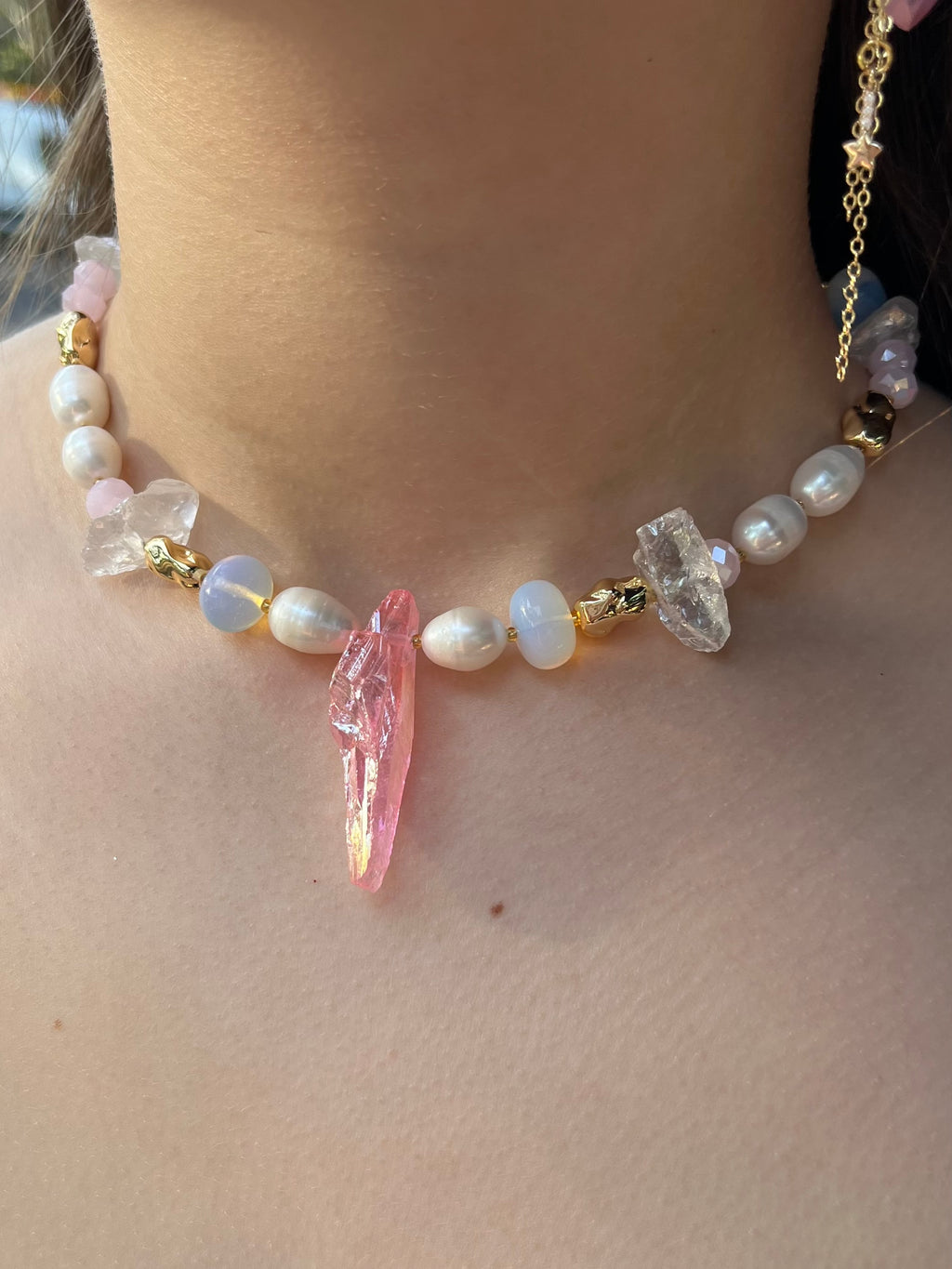 Set: Rose Quartz and Pearls Necklace and Earrings