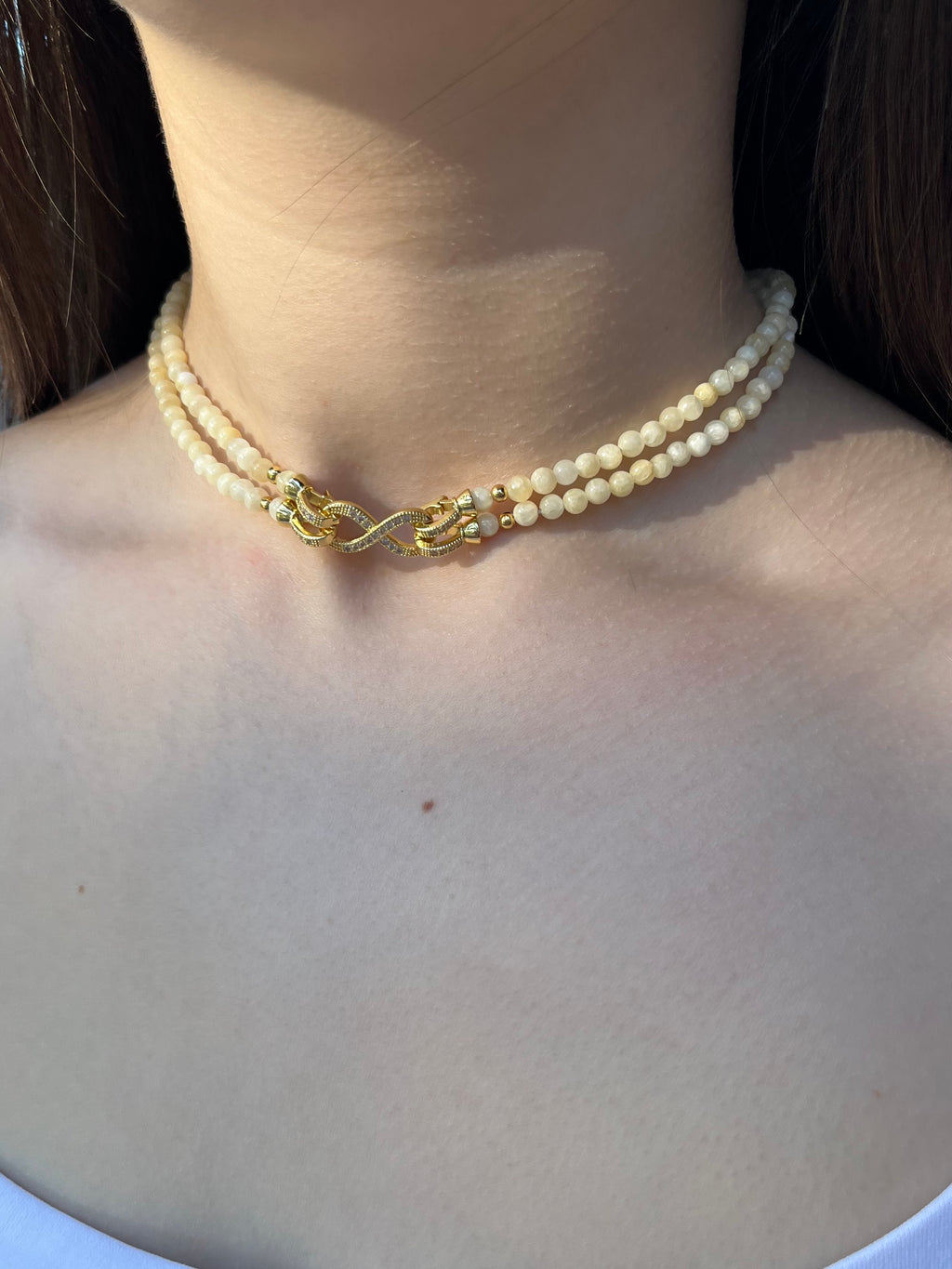 Topaz Jade Choker Necklace : 18K Gold Plated Zirconia Infinity Clasp